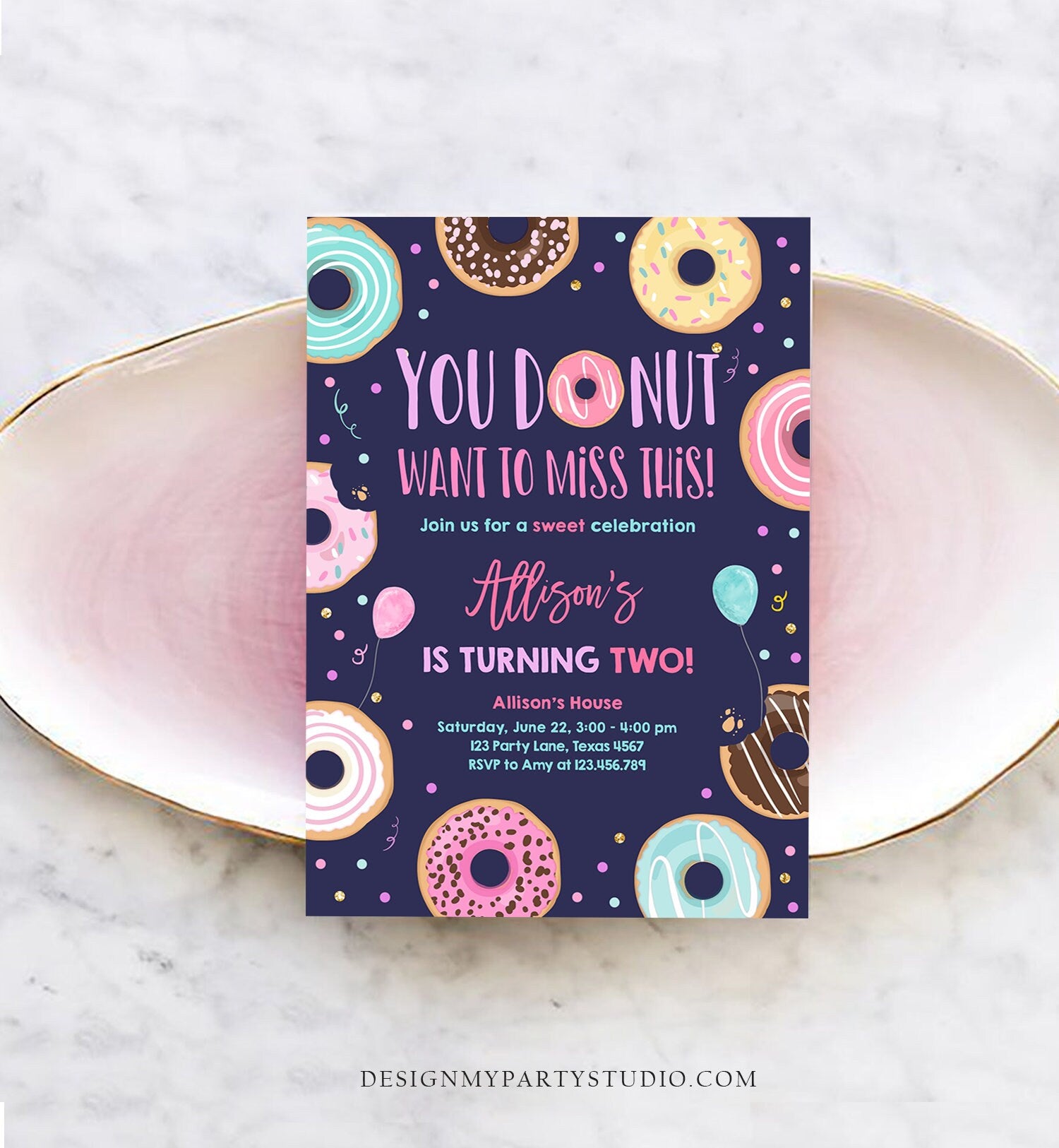 Editable Donut Want To Miss This Birthday Invitation Sweet Party Pink Gold Girl Doughnut Sweet One Download Corjl Template Printable 0343