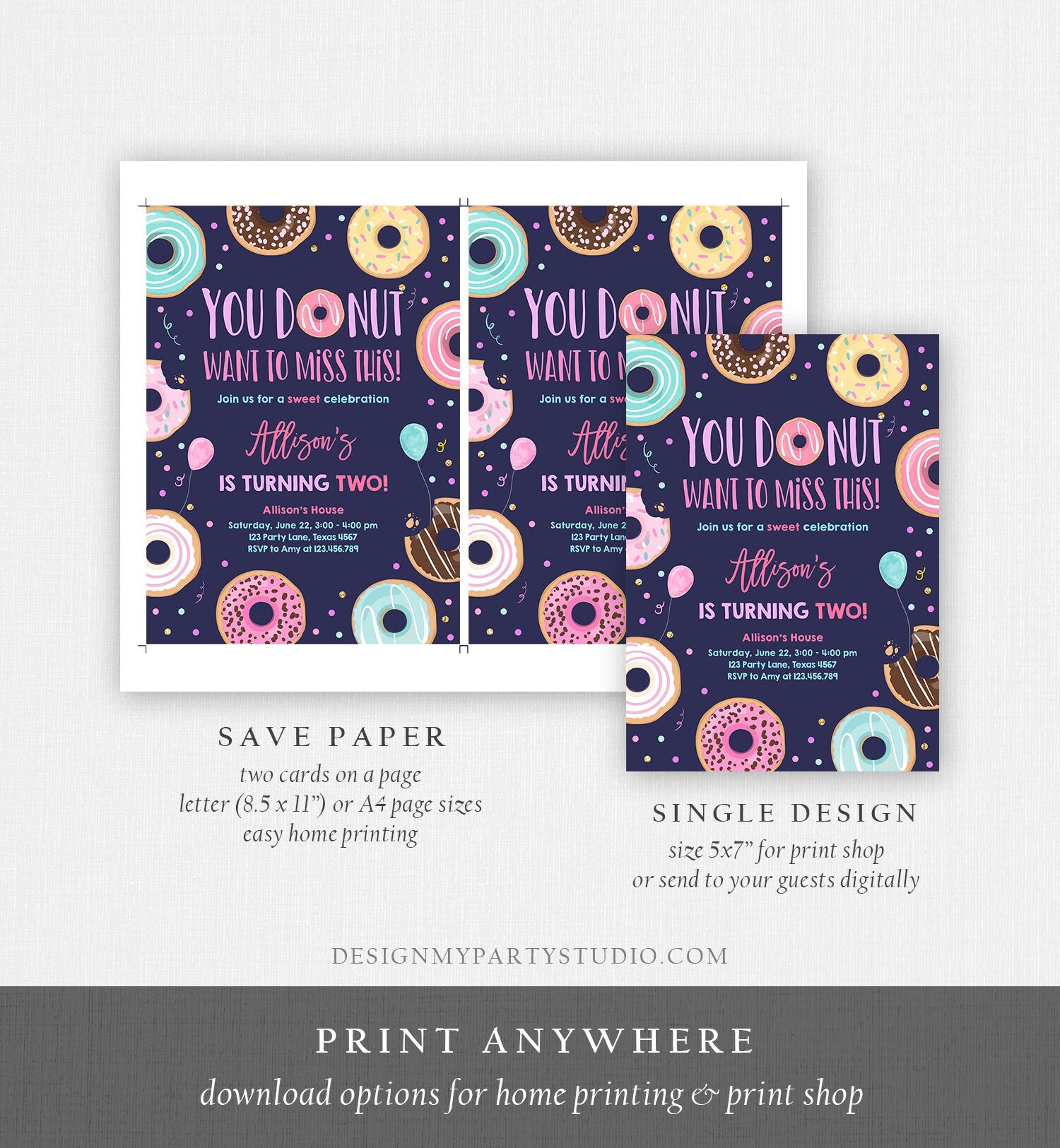 Editable Donut Want To Miss This Birthday Invitation Sweet Party Pink Gold Girl Doughnut Sweet One Download Corjl Template Printable 0343