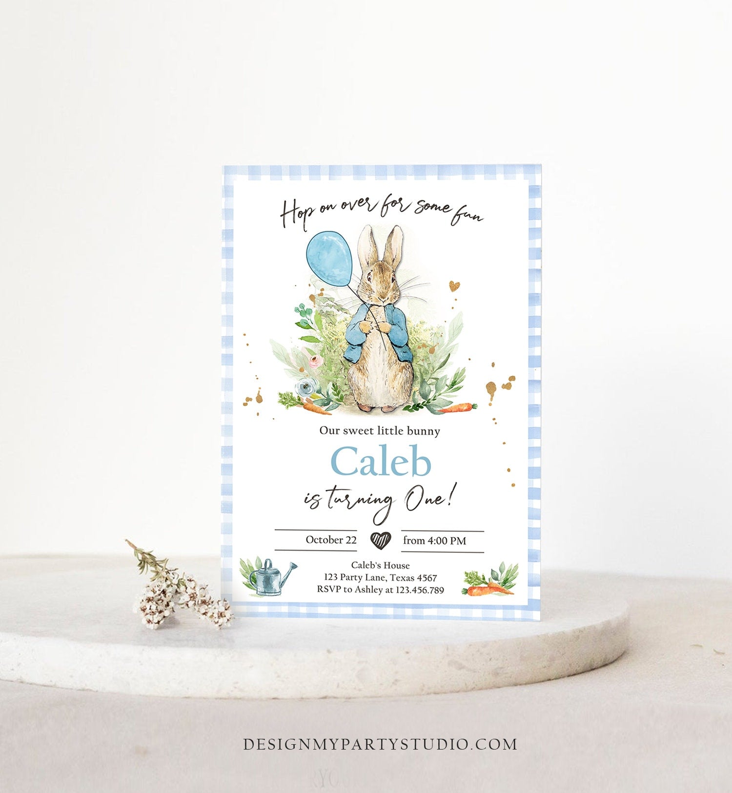 Editable Peter Rabbit Birthday Invitation Boy Blue Rustic Peter Rabbit First Birthday Hop On Over Watercolor Corjl Template Printable 0351