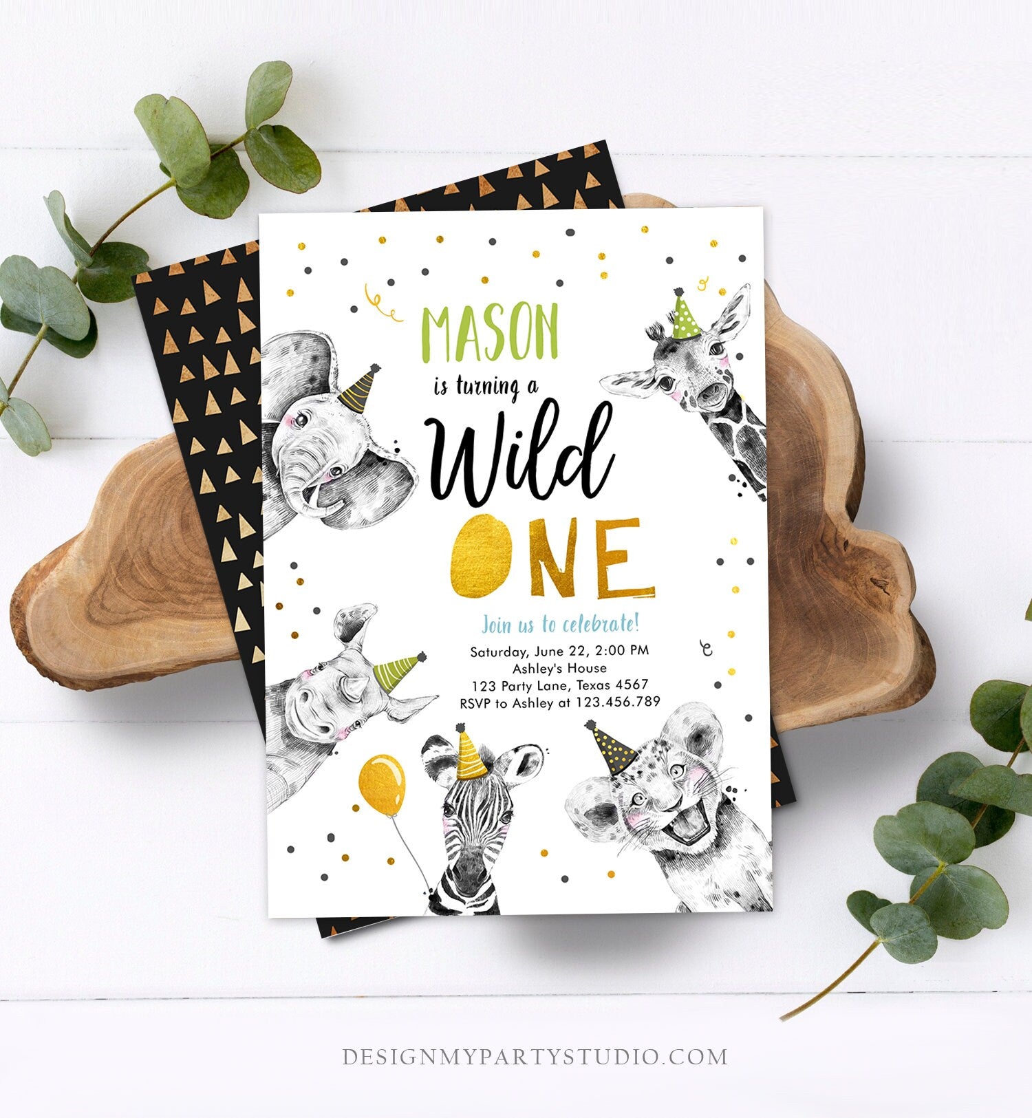 Editable Wild One Birthday Invitation Safari Animals Party Animals Boy Green Gold First Birthday 1st Confetti Corjl Template Printable 0390