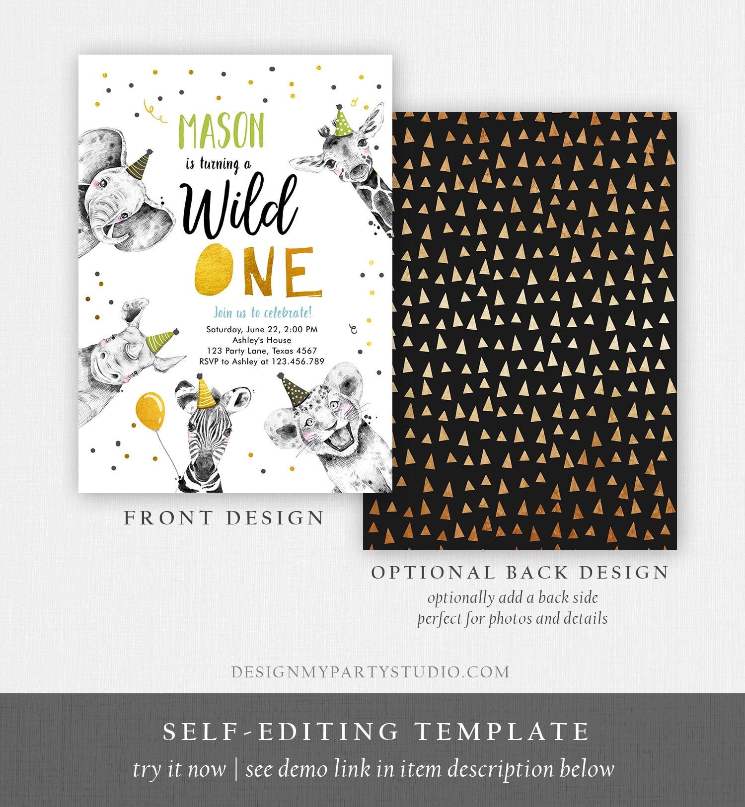 Editable Wild One Birthday Invitation Safari Animals Party Animals Boy Green Gold First Birthday 1st Confetti Corjl Template Printable 0390