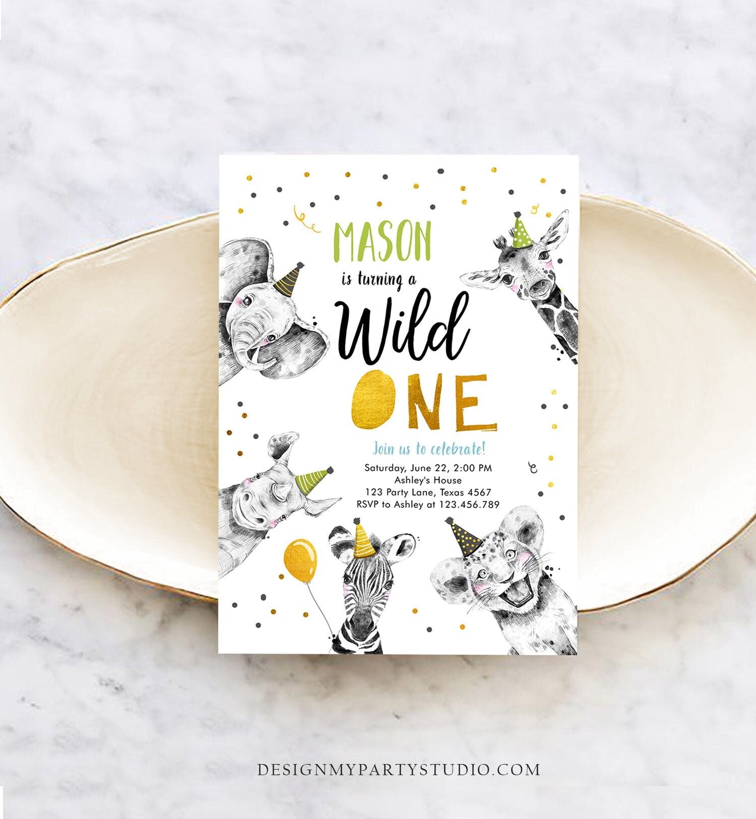 Editable Wild One Birthday Invitation Safari Animals Party Animals Boy Green Gold First Birthday 1st Confetti Corjl Template Printable 0390