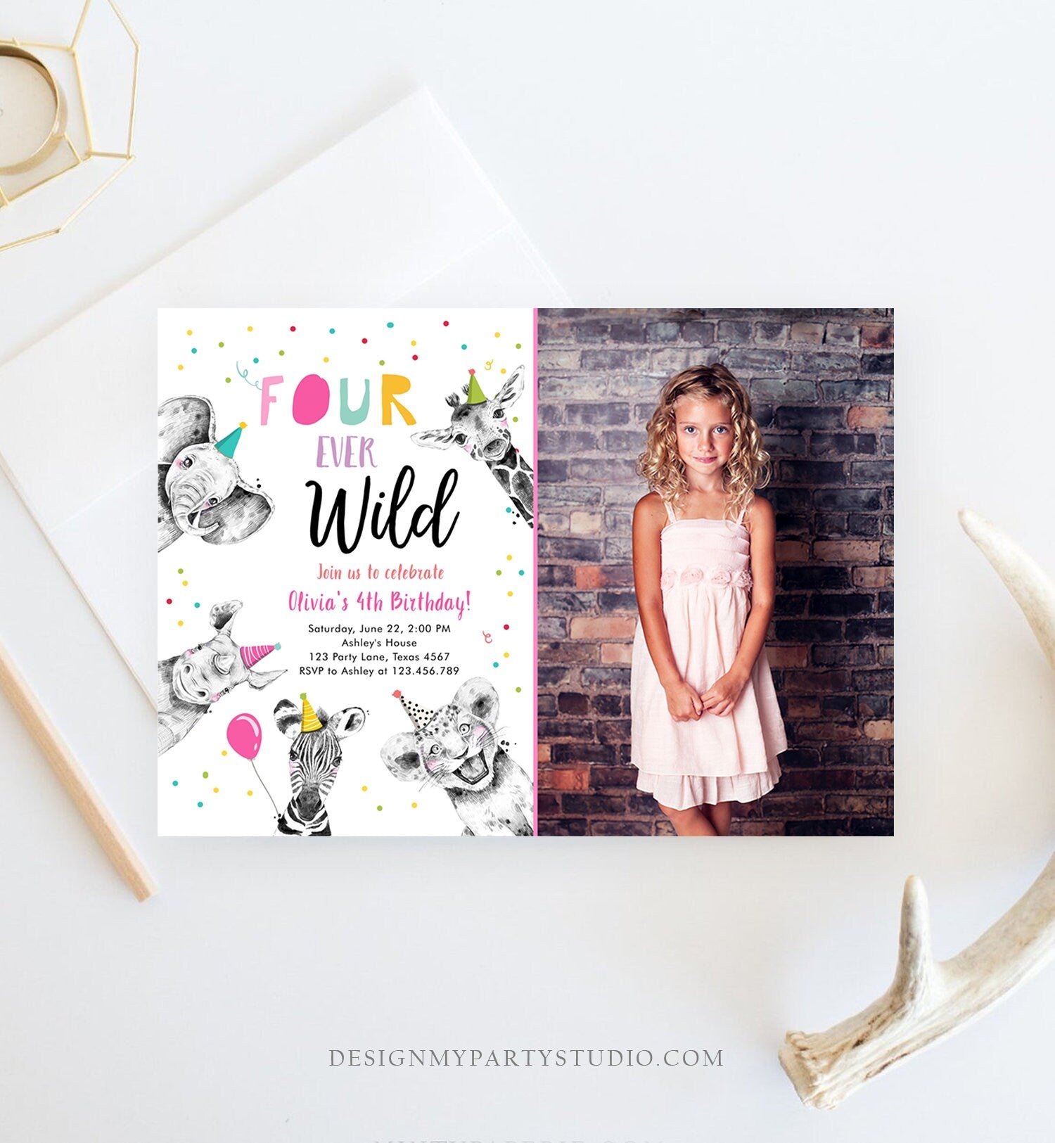 Editable Four Ever Wild Birthday Invitation Girl Pink Gold Safari Party Animals Fourth Birthday 4th Printable Template Digital Corjl 0390