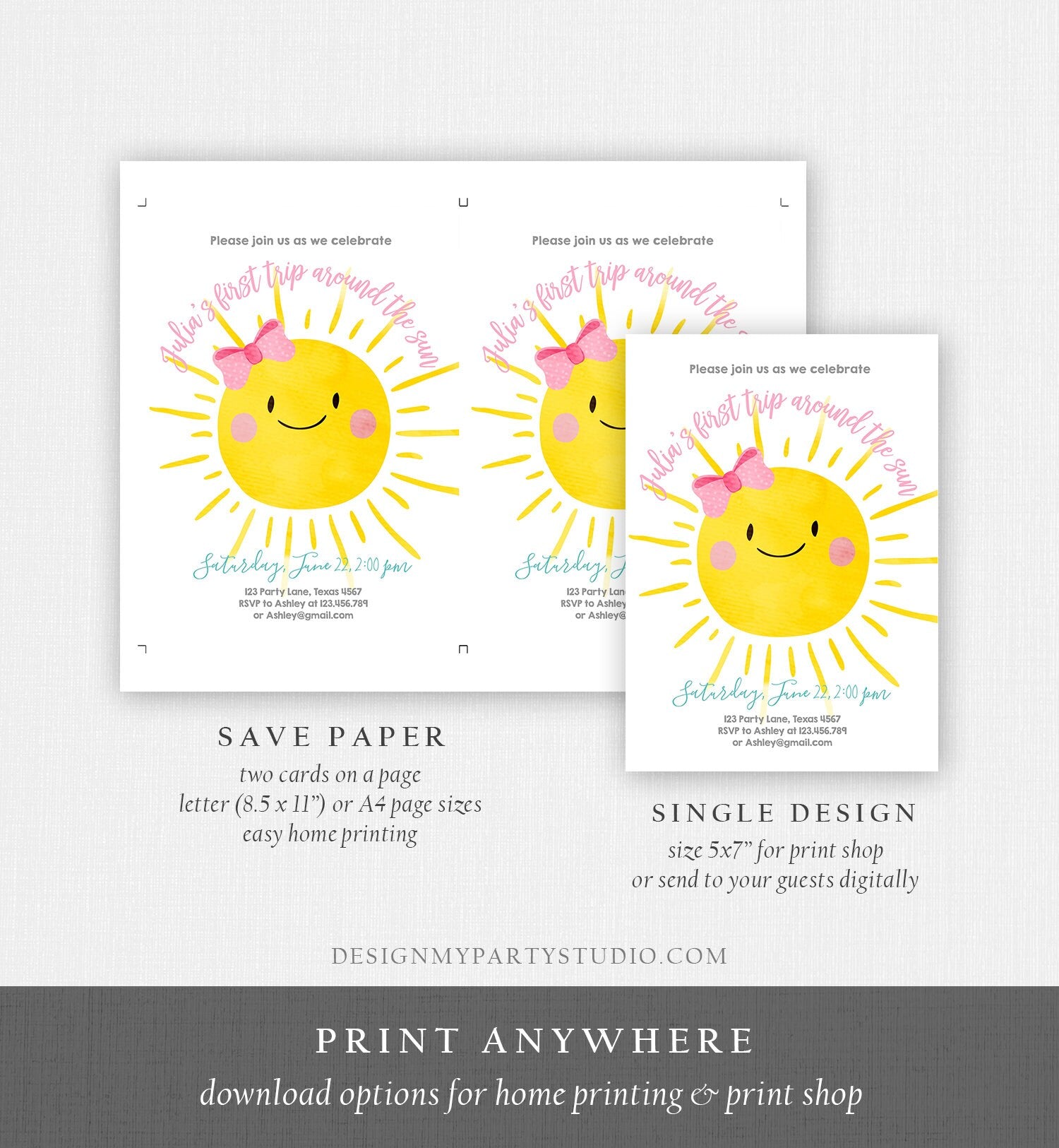 Editable First Tip Around the Sun Birthday Invitation Sunshine First Birthday 1st Party Pink Girl Bow Summer Download Corjl Template 0141