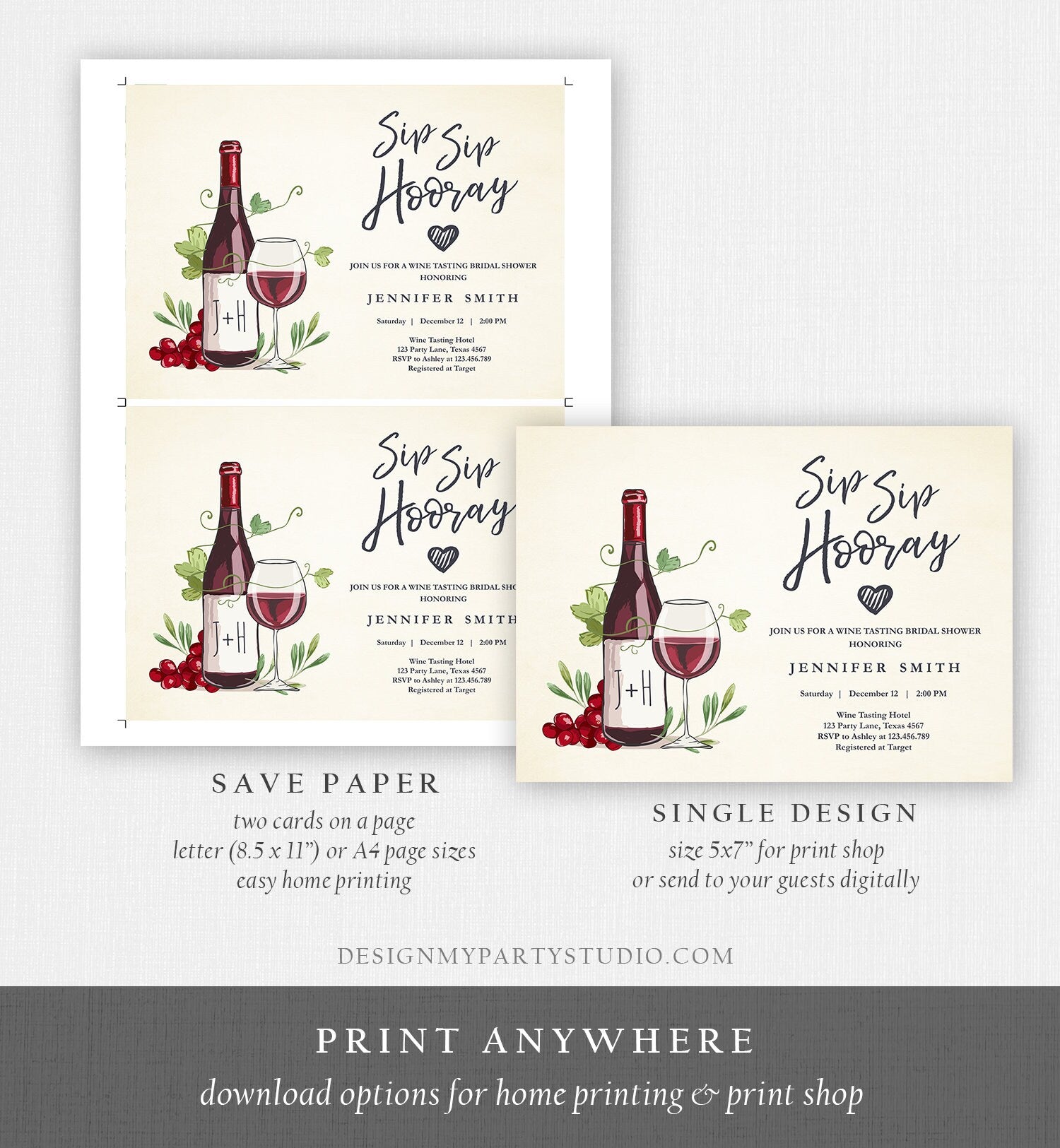 Editable Wine Bridal Shower Invitation Sip Sip Hooray Winery Cheers To Love Wine Tasting Couples Download Corjl Template Printable 0234