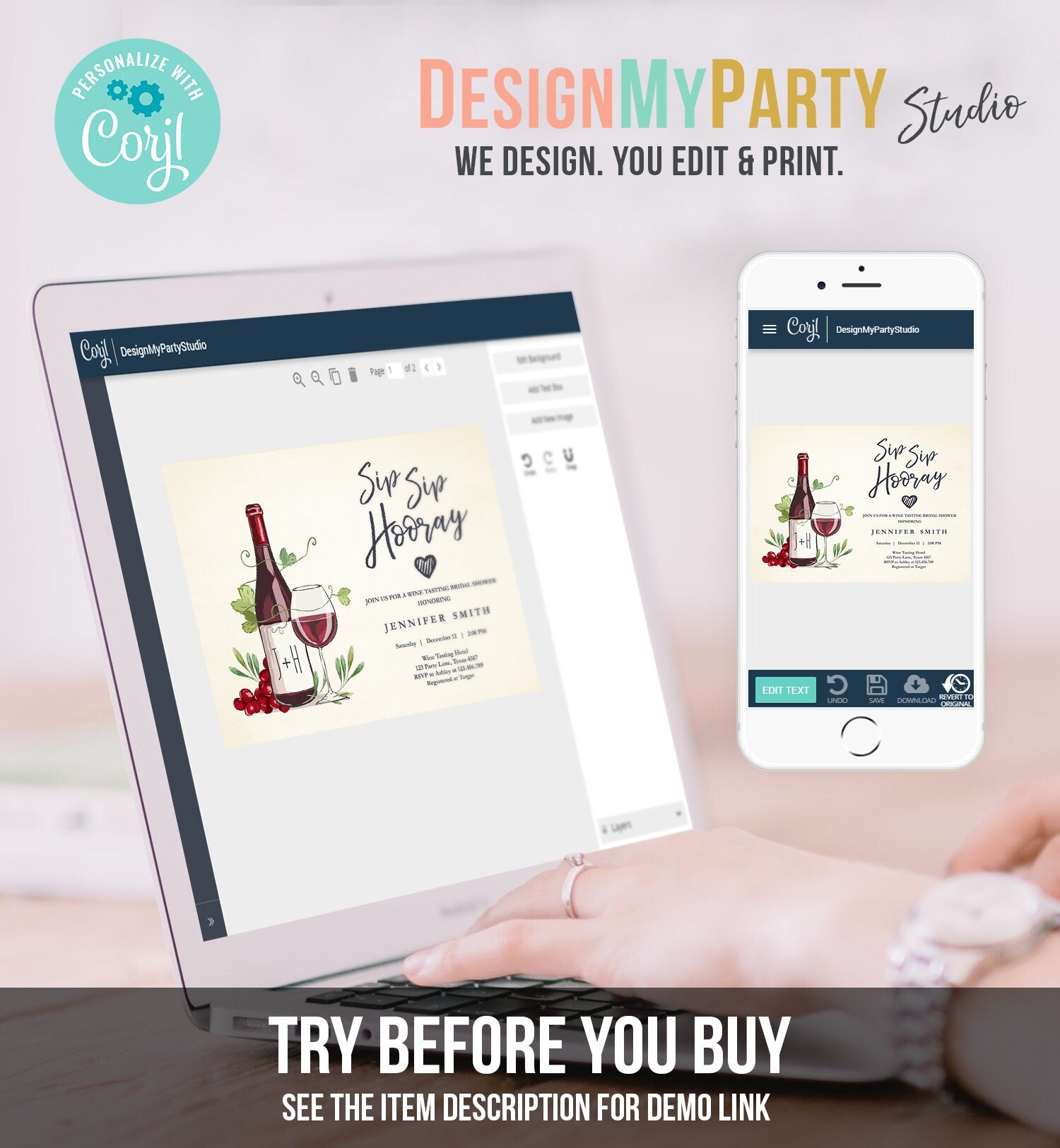 Editable Wine Bridal Shower Invitation Sip Sip Hooray Winery Cheers To Love Wine Tasting Couples Download Corjl Template Printable 0234