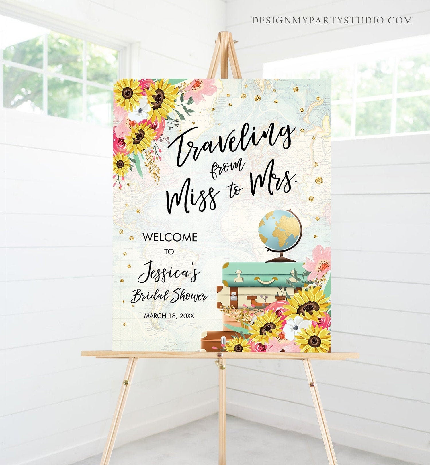 Editable Miss to Mrs Welcome Sign Sunflowers Bridal Shower Traveling From Adventure Love is a Journey Floral Blush Pink Corjl Template 0030