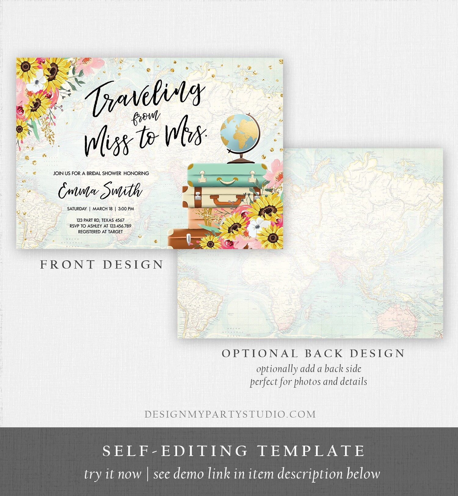 Editable Miss to Mrs Travel Bridal Shower Invitation Sunflowers Globe Suitcase Gold Confetti Traveling Blush Pink Floral Corjl Template 0030