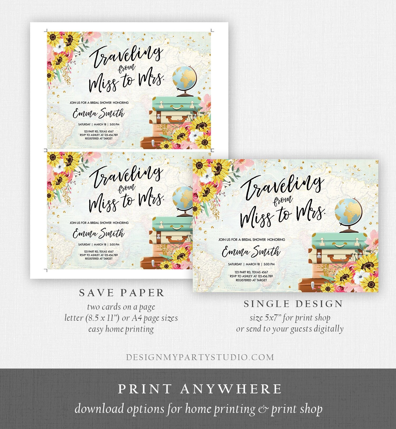 Editable Miss to Mrs Travel Bridal Shower Invitation Sunflowers Globe Suitcase Gold Confetti Traveling Blush Pink Floral Corjl Template 0030