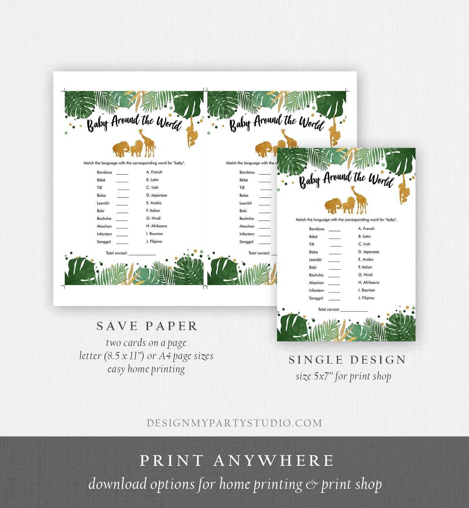 Editable Baby Around the World Game Travel Baby Shower Game Gold Safari Animals Wild One Tropical Shower Corjl Template Printable 0016