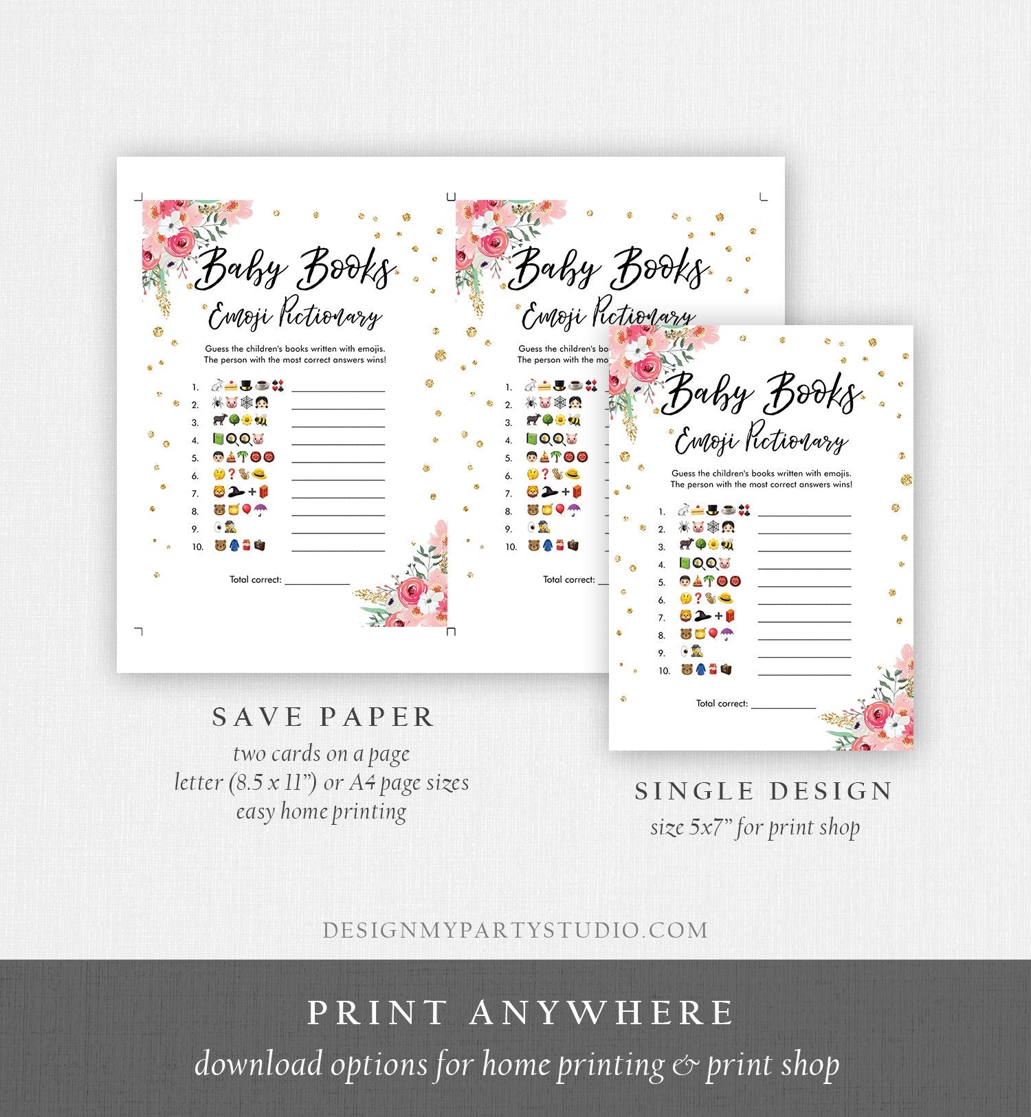 Editable Emoji Pictionary Baby Shower Game Card Travel Adventure Journey Emoticons Search Activity Pink Floral Download Template Corjl 0030