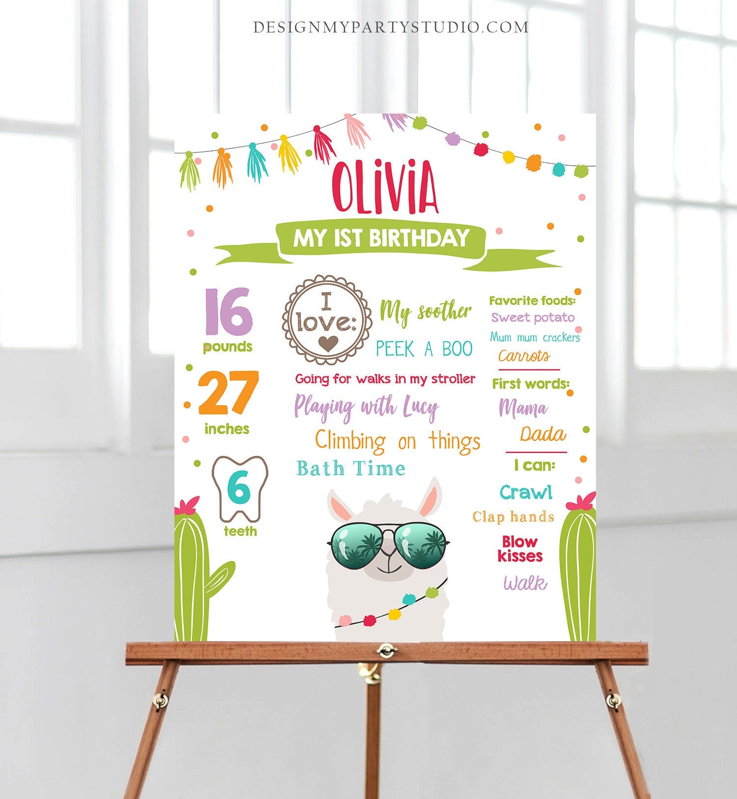 Editable Llama Birthday Milestones Sign Fiesta Mexican Alpaca Girl First Birthday 1st Chalk Instant Download Corjl Template Printable 0079