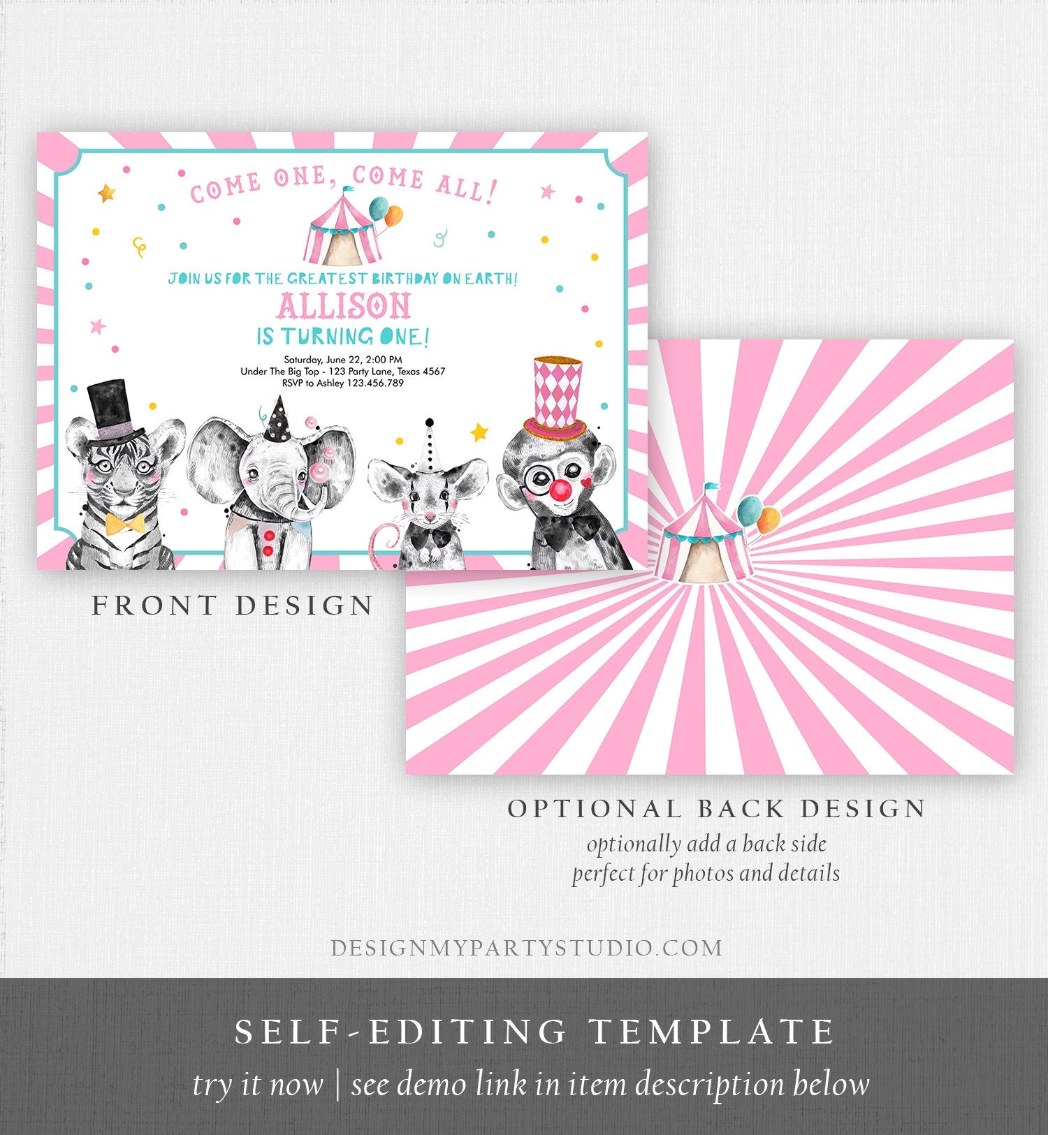 Editable Circus Birthday Invitation Girl Pink Circus Animals Invitation Carnival Invite Download Printable Template Digital Corjl 0355