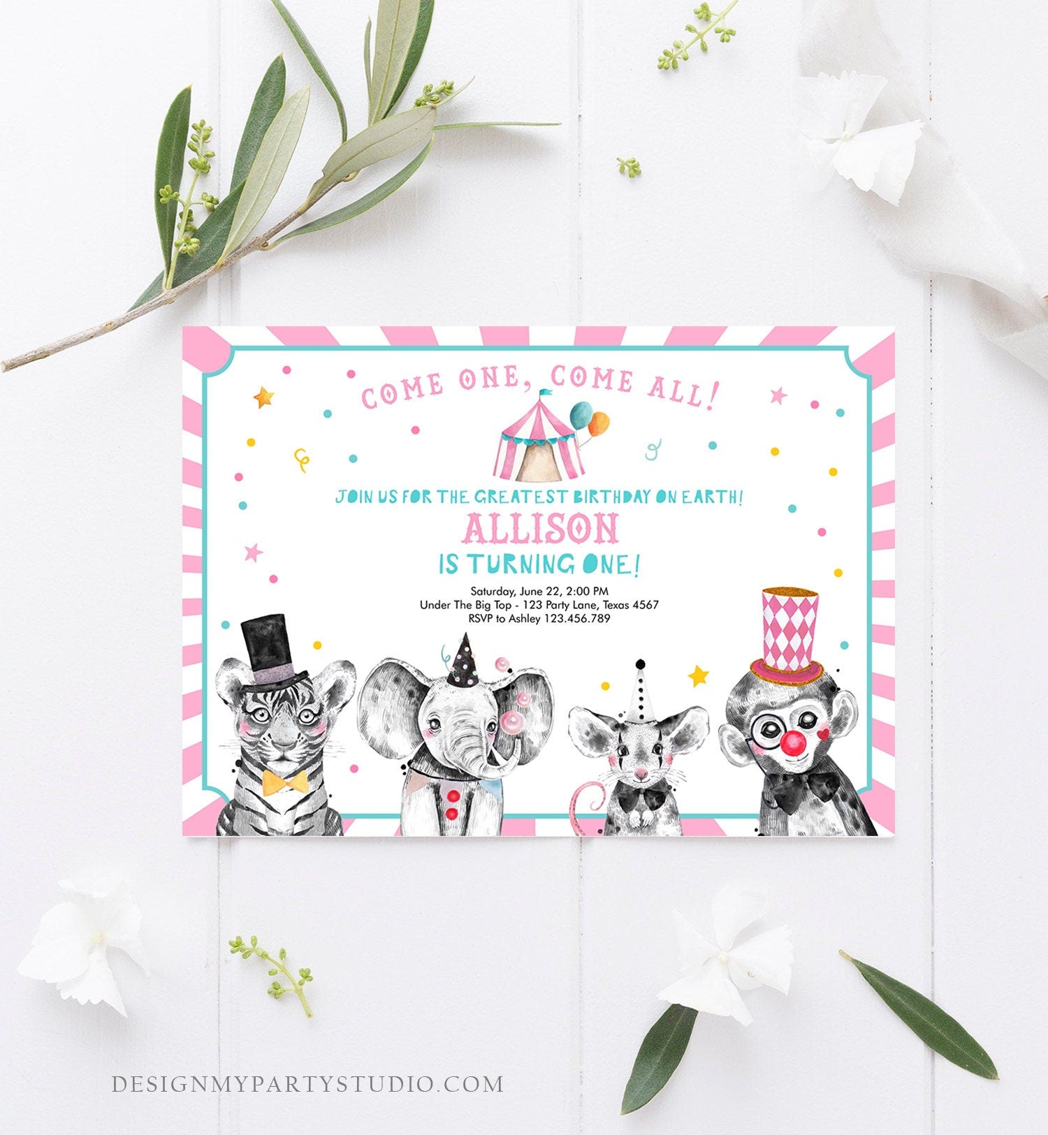 Editable Circus Birthday Invitation Girl Pink Circus Animals Invitation Carnival Invite Download Printable Template Digital Corjl 0355