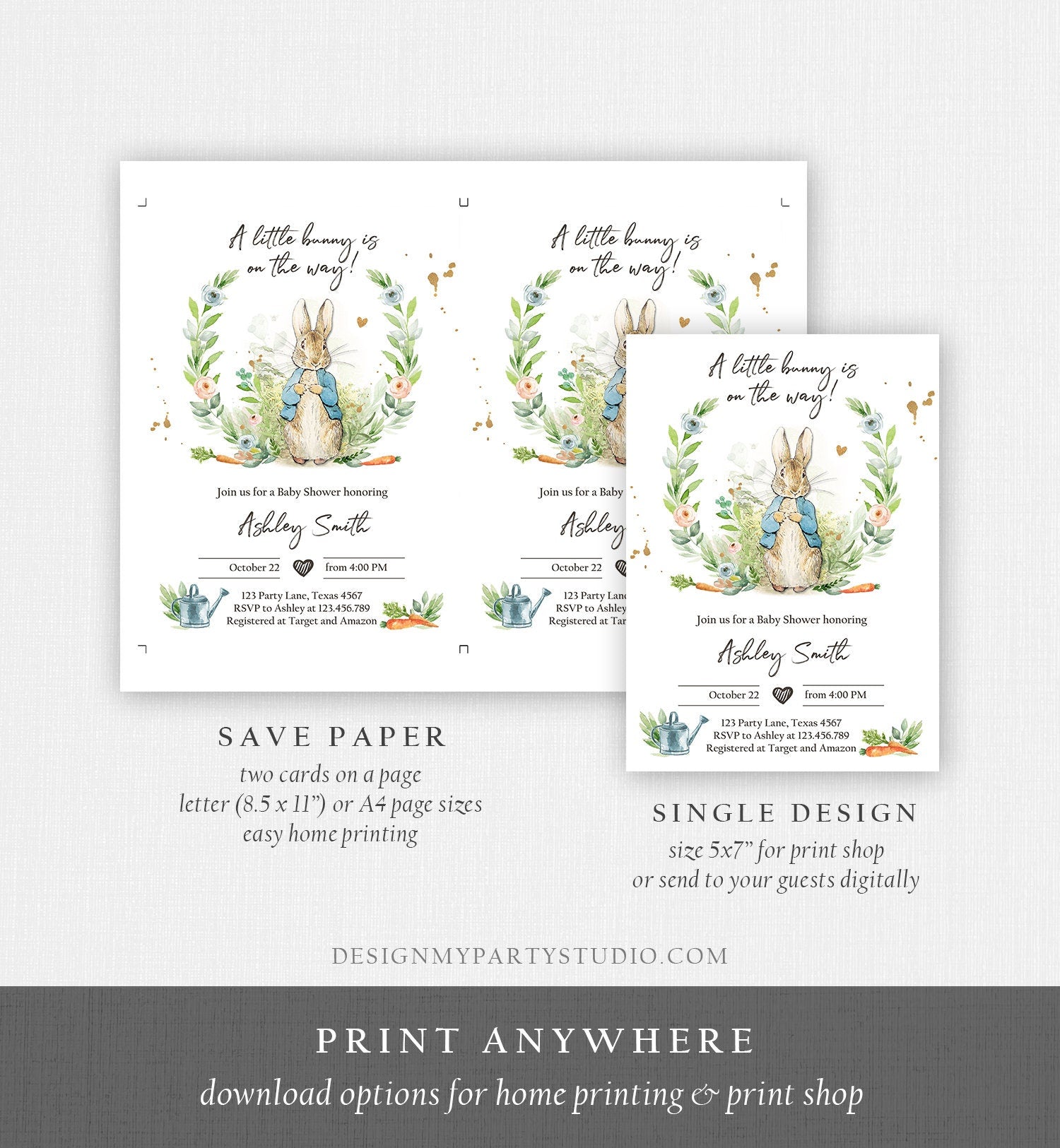 Editable Peter Rabbit Baby Shower Invitation Boy Blue Rustic Peter Rabbit Invitation Spring Sprinkle Digital Corjl Template Printable 0351