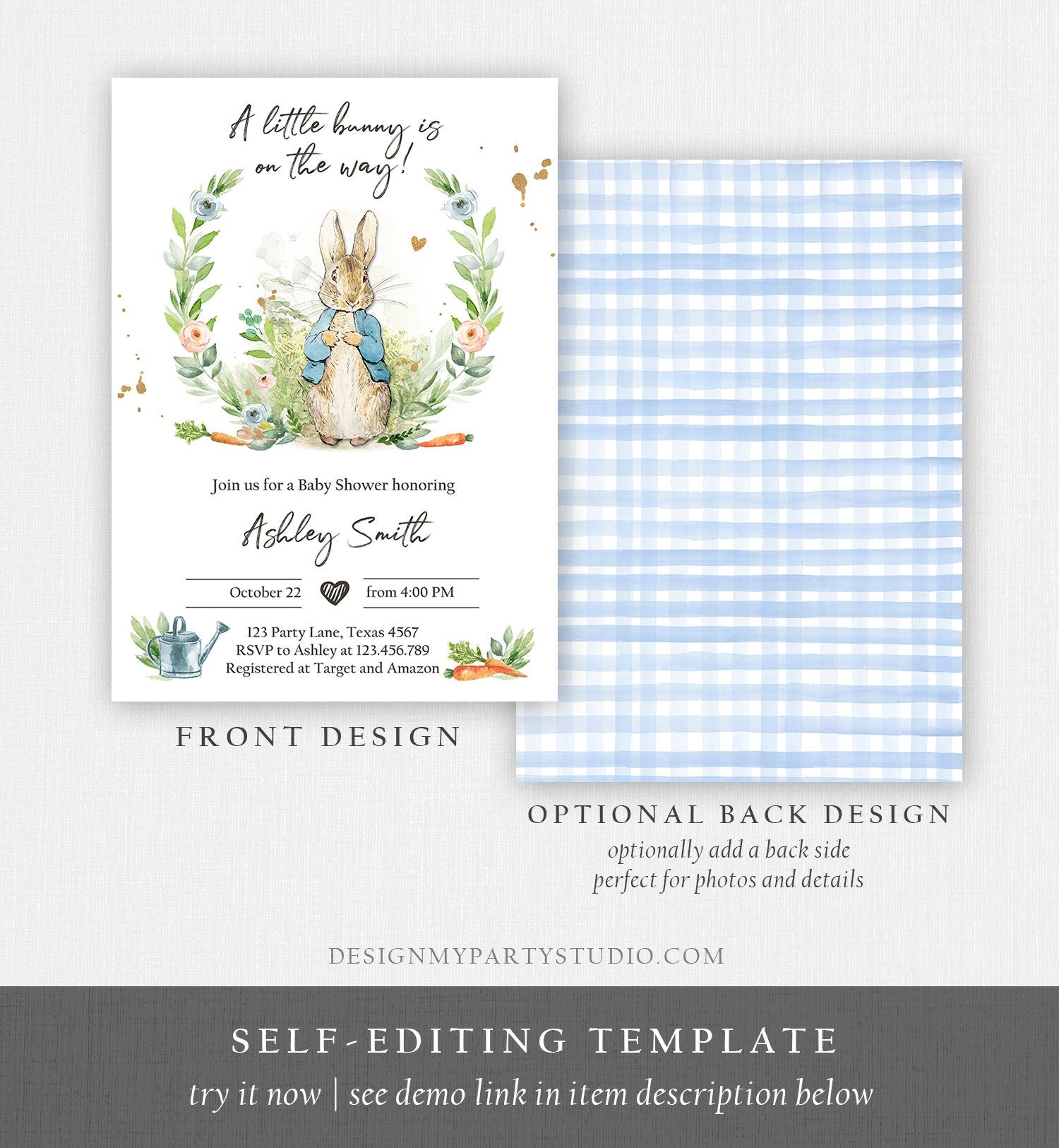 Editable Peter Rabbit Baby Shower Invitation Boy Blue Rustic Peter Rabbit Invitation Spring Sprinkle Digital Corjl Template Printable 0351