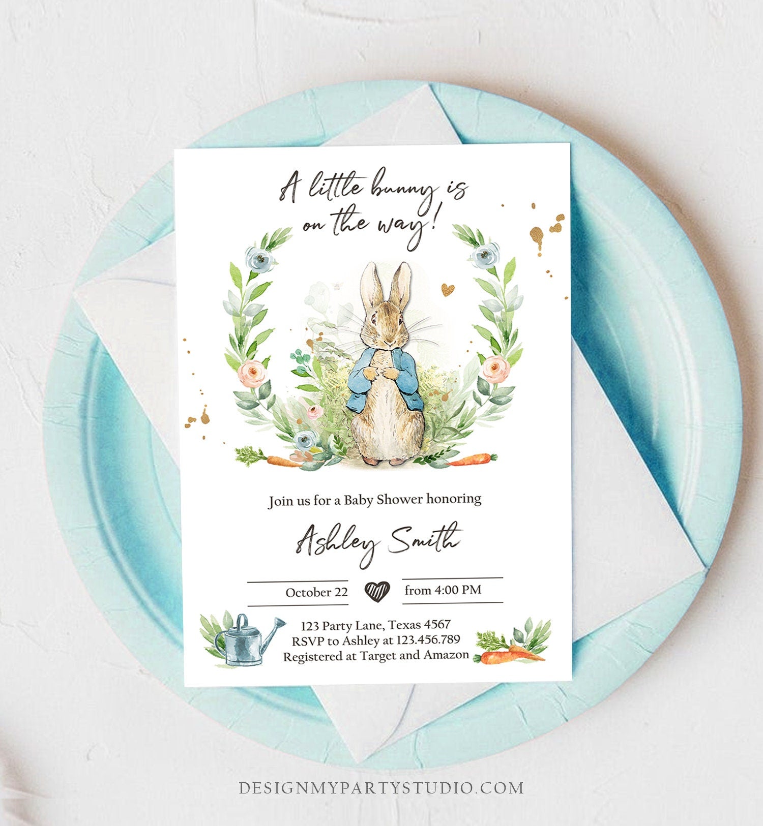 Editable Peter Rabbit Baby Shower Invitation Boy Blue Rustic Peter Rabbit Invitation Spring Sprinkle Digital Corjl Template Printable 0351