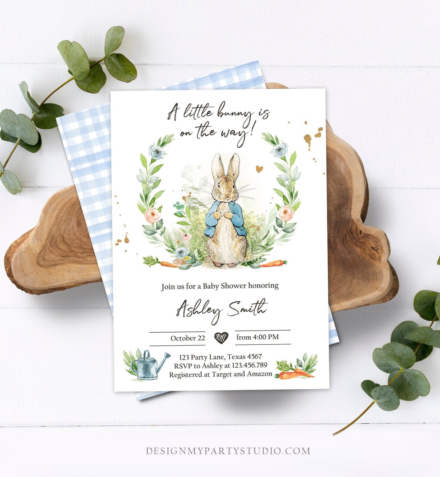 Editable Peter Rabbit Baby Shower Invitation Boy Blue Rustic Peter Rabbit Invitation Spring Sprinkle Digital Corjl Template Printable 0351