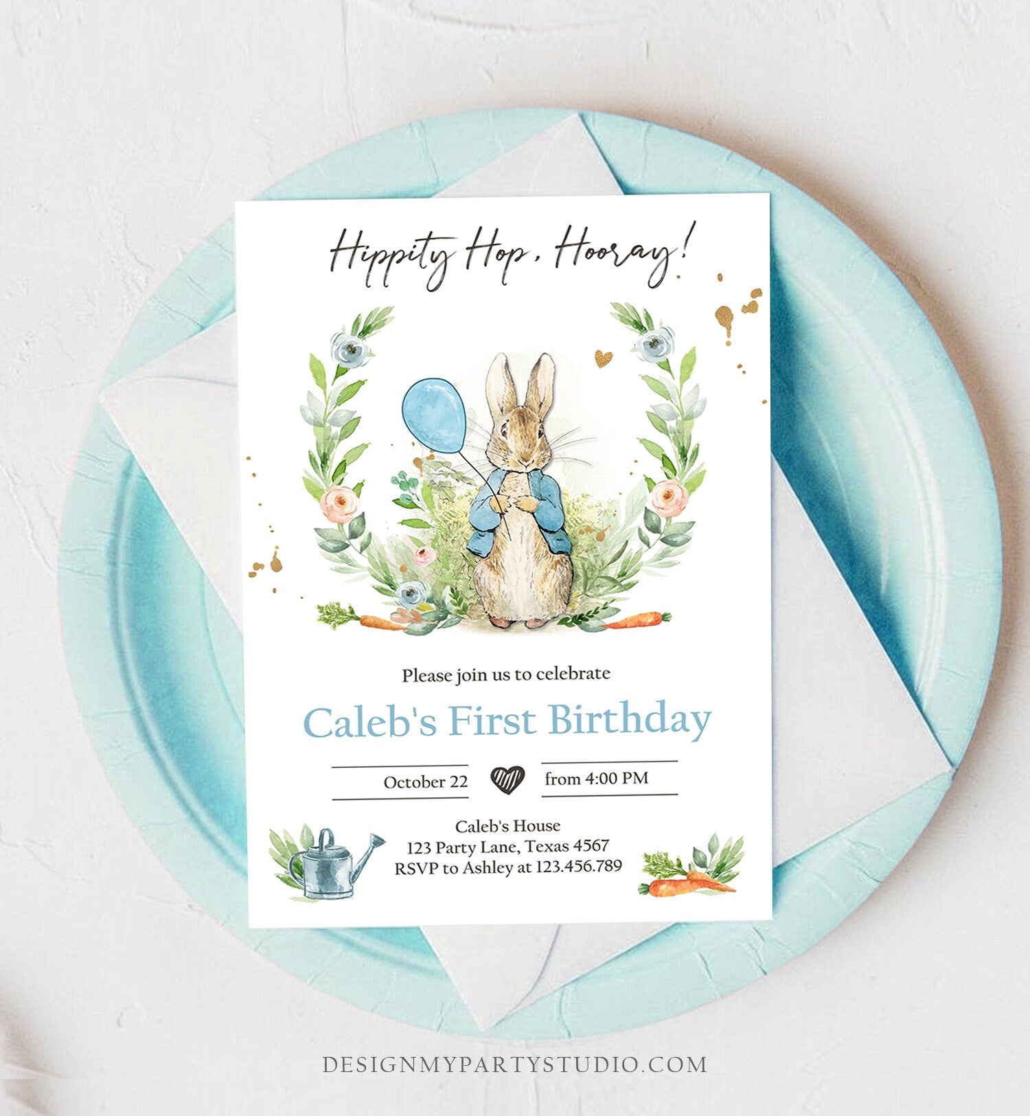 Editable Peter Rabbit Birthday Invitation Boy Blue Rustic Peter Rabbit 1st Birthday Invite Watercolor Digital Corjl Template Printable 0351