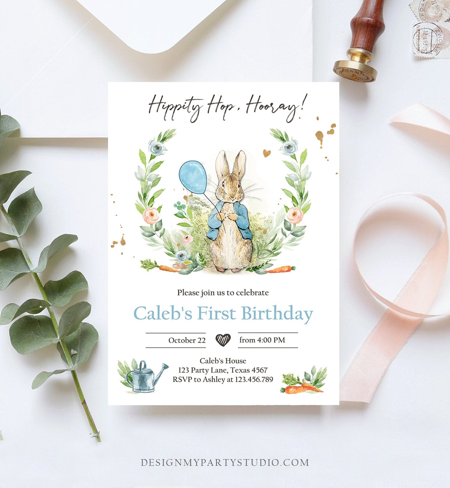 Editable Peter Rabbit Birthday Invitation Boy Blue Rustic Peter Rabbit 1st Birthday Invite Watercolor Digital Corjl Template Printable 0351