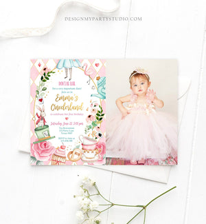 Editable Alice In Wonderland Birthday Invitation Girl First Birthday 1st Onederland Tea Party Pink Printable Template Corjl Digital 0350