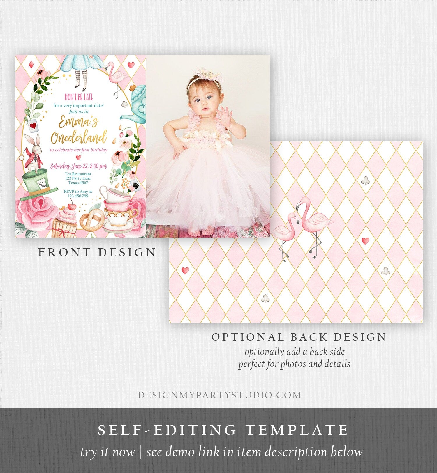 Editable Alice In Wonderland Birthday Invitation Girl First Birthday 1st Onederland Tea Party Pink Printable Template Corjl Digital 0350