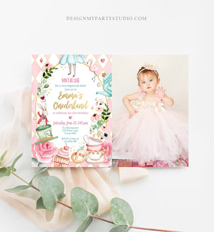 Editable Alice In Wonderland Birthday Invitation Girl First Birthday 1st Onederland Tea Party Pink Printable Template Corjl Digital 0350