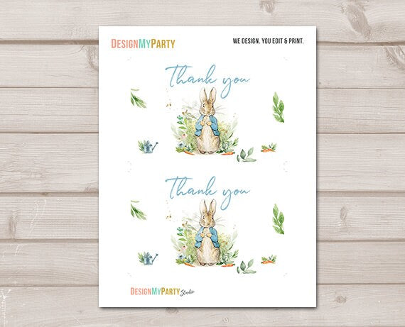 Baby Shower Thank you Card Peter Rabbit Thank You Note 4x6" Rustic Watercolor Bunny Baby Shower Blue Boy PRINTABLE Instant Download 0351