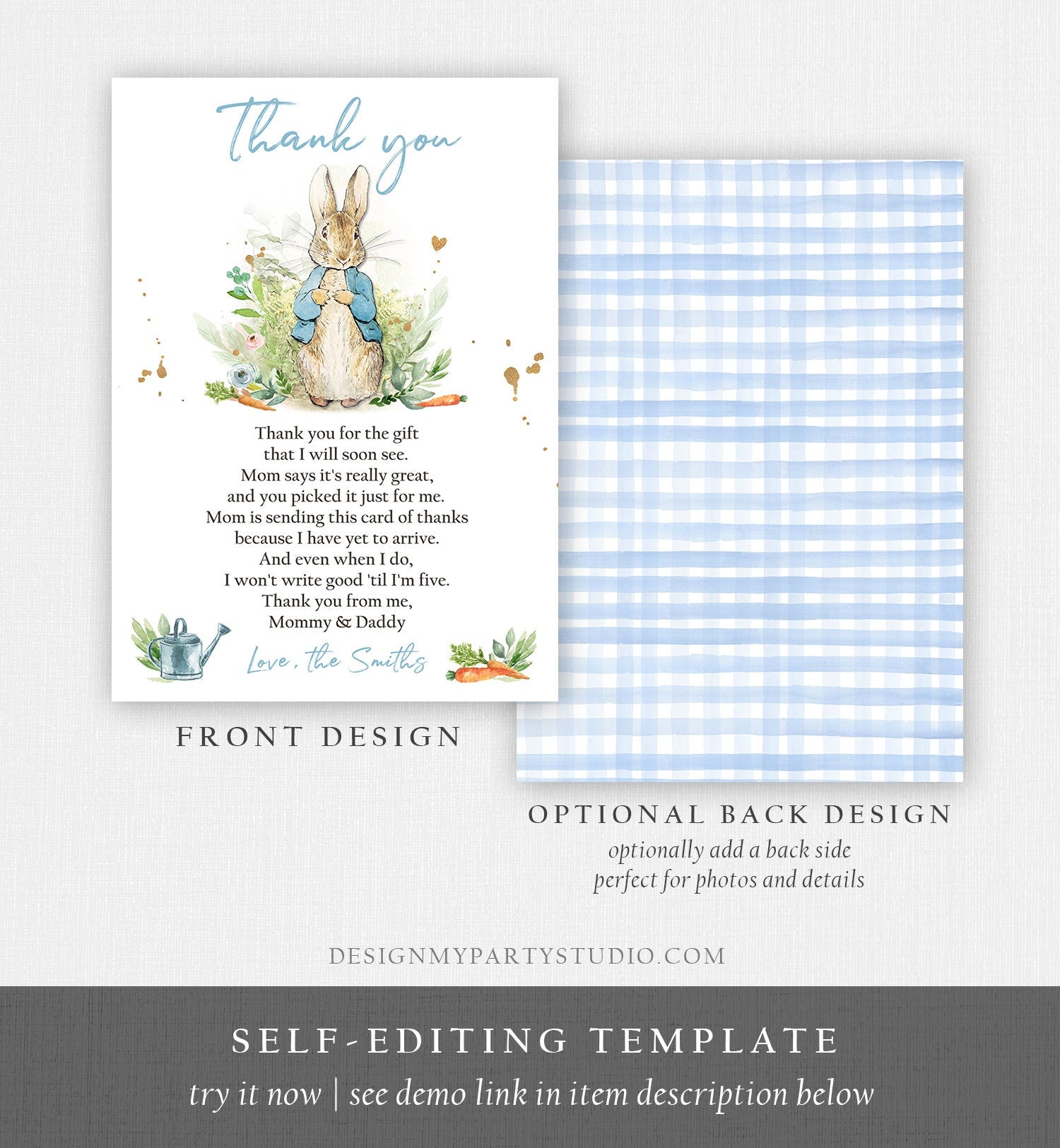 Editable Peter Rabbit Baby Shower Thank You Card Boy Blue Rustic Peter Rabbit Spring Bunny Baby Shower Digital Corjl Template Printable 0351