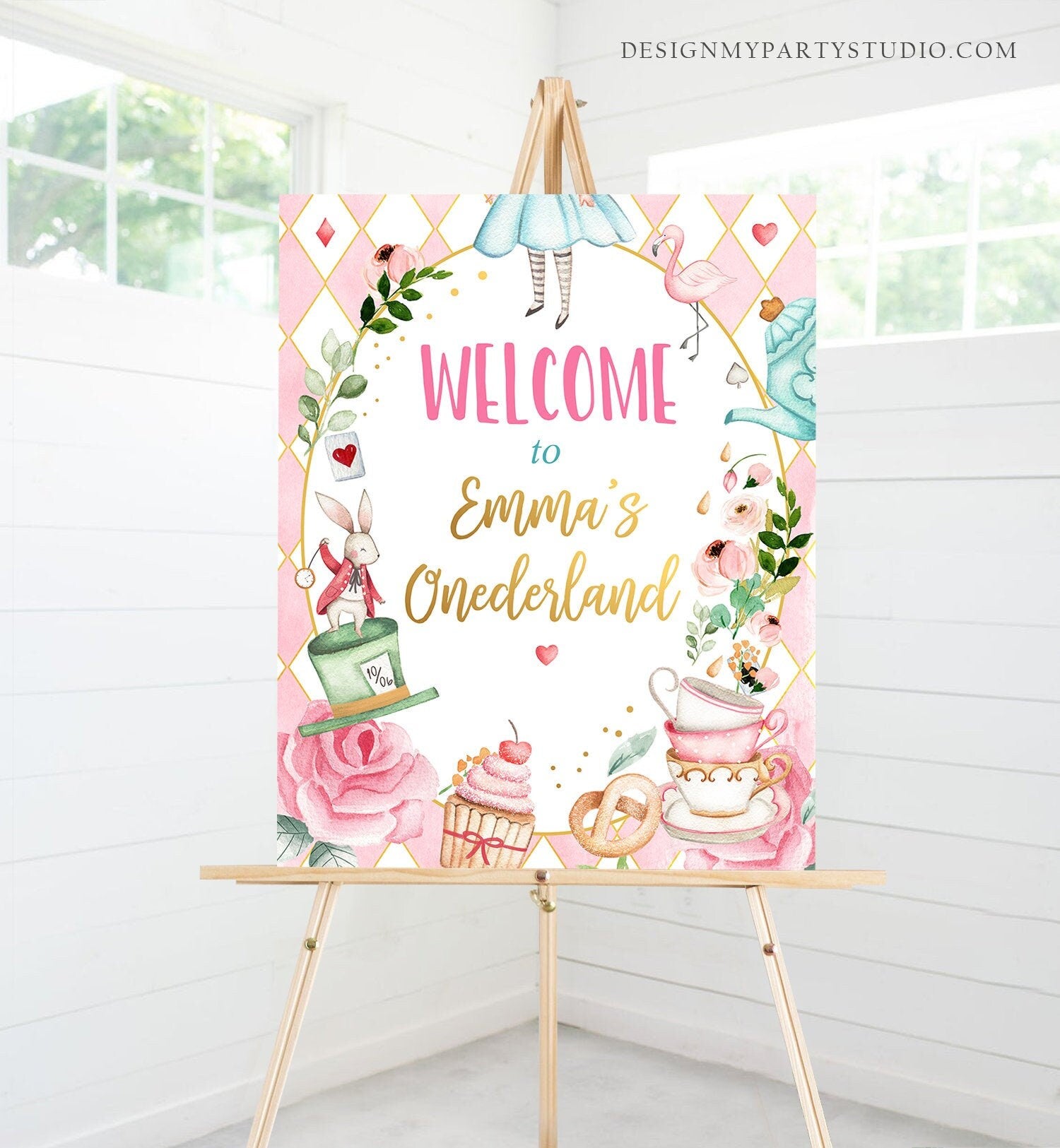 Editable Alice in Wonderland Welcome Sign Alice in Onederland Birthday Sign Girl Pink Mad Tea Party Shower Template Corjl PRINTABLE 0350