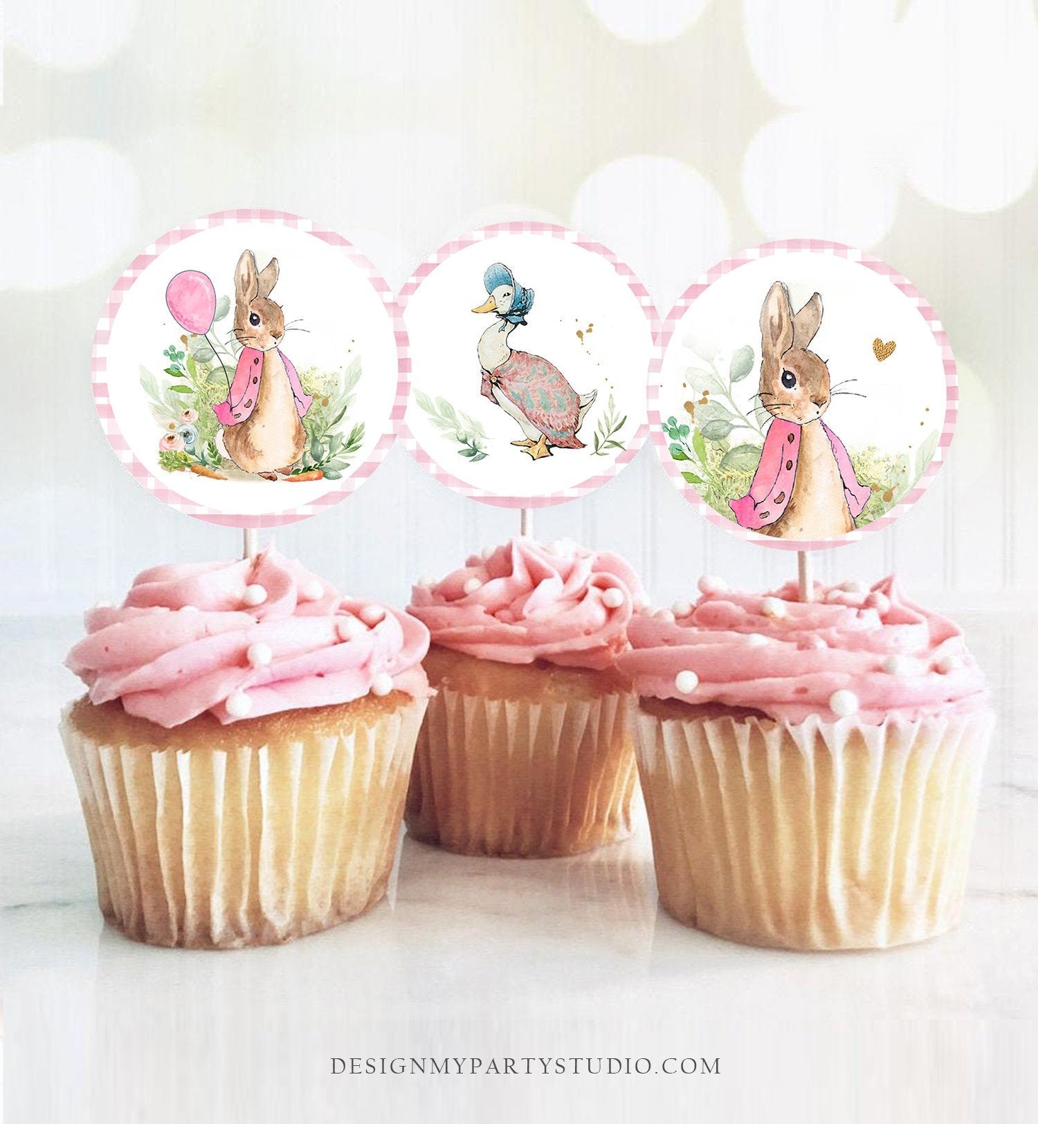 Flopsy Bunny Cupcake Toppers Peter Rabbit 1st Birthday Party Decorations Girl Bunny Pink Stickers Tags download Digital PRINTABLE 0351