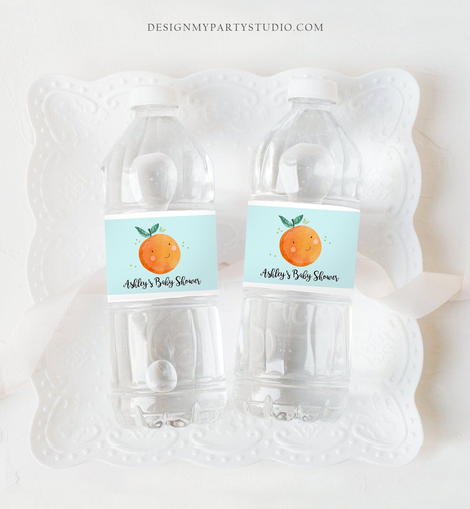 Editable A Little Cutie is on The Way Water Bottle Labels Blue Boy Baby Shower Clementine Orange Cutie Decor Printable Corjl Template 0330