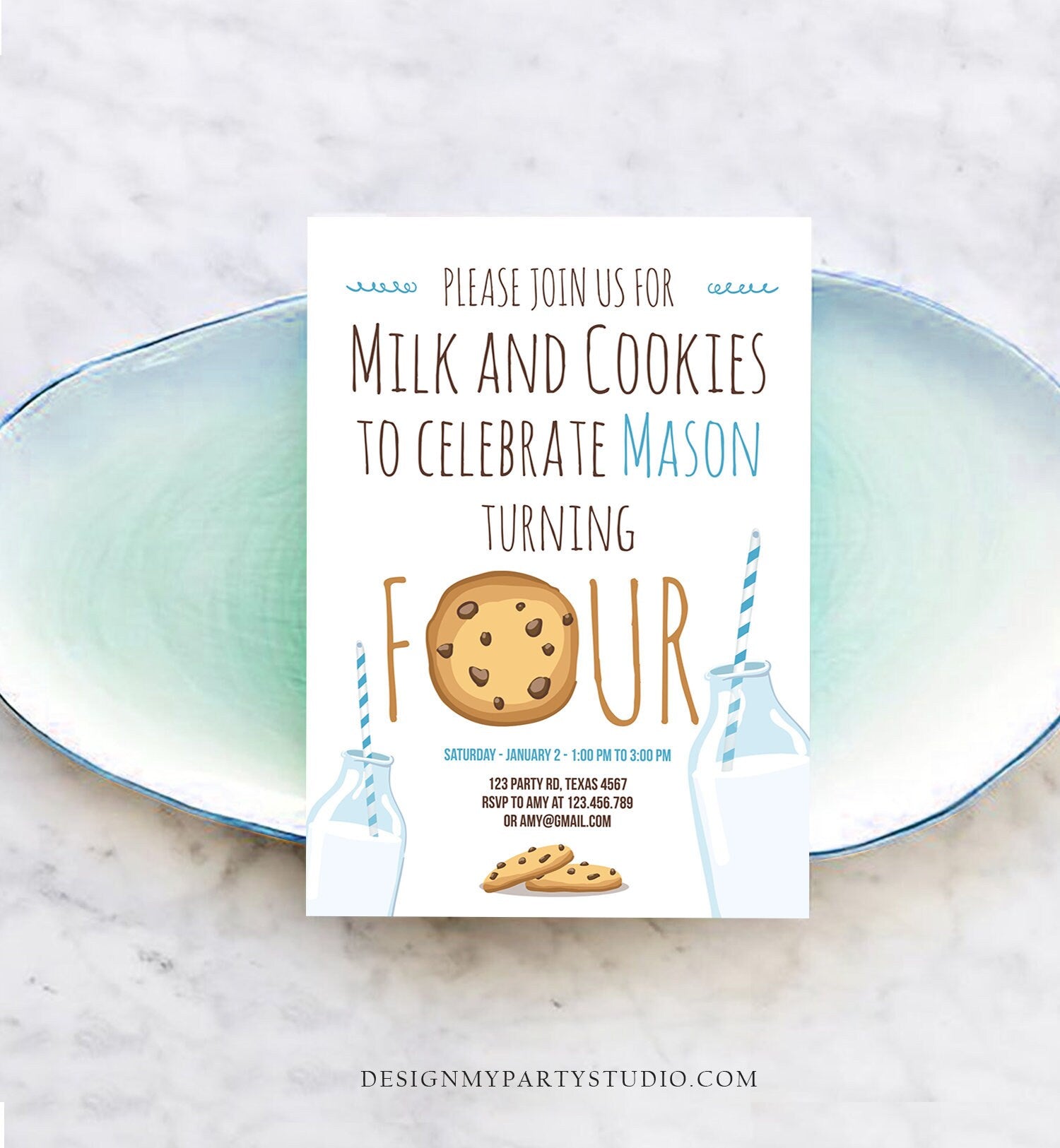 Editable Milk and Cookies Birthday Invitation Milk & Cookies Party Boy 1st 2nd 3rd 4th Birthday Blue Printable Download Template Corjl 0088