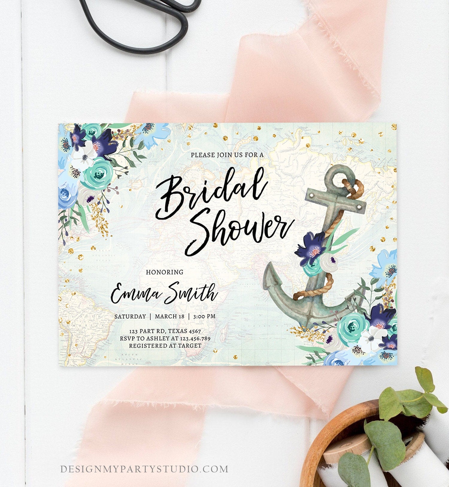 Editable Nautical Bridal Shower Invitation Flowers Floral Anchor Navy Pink Blue Gold Wedding Shower Download Printable Corjl Template 0397