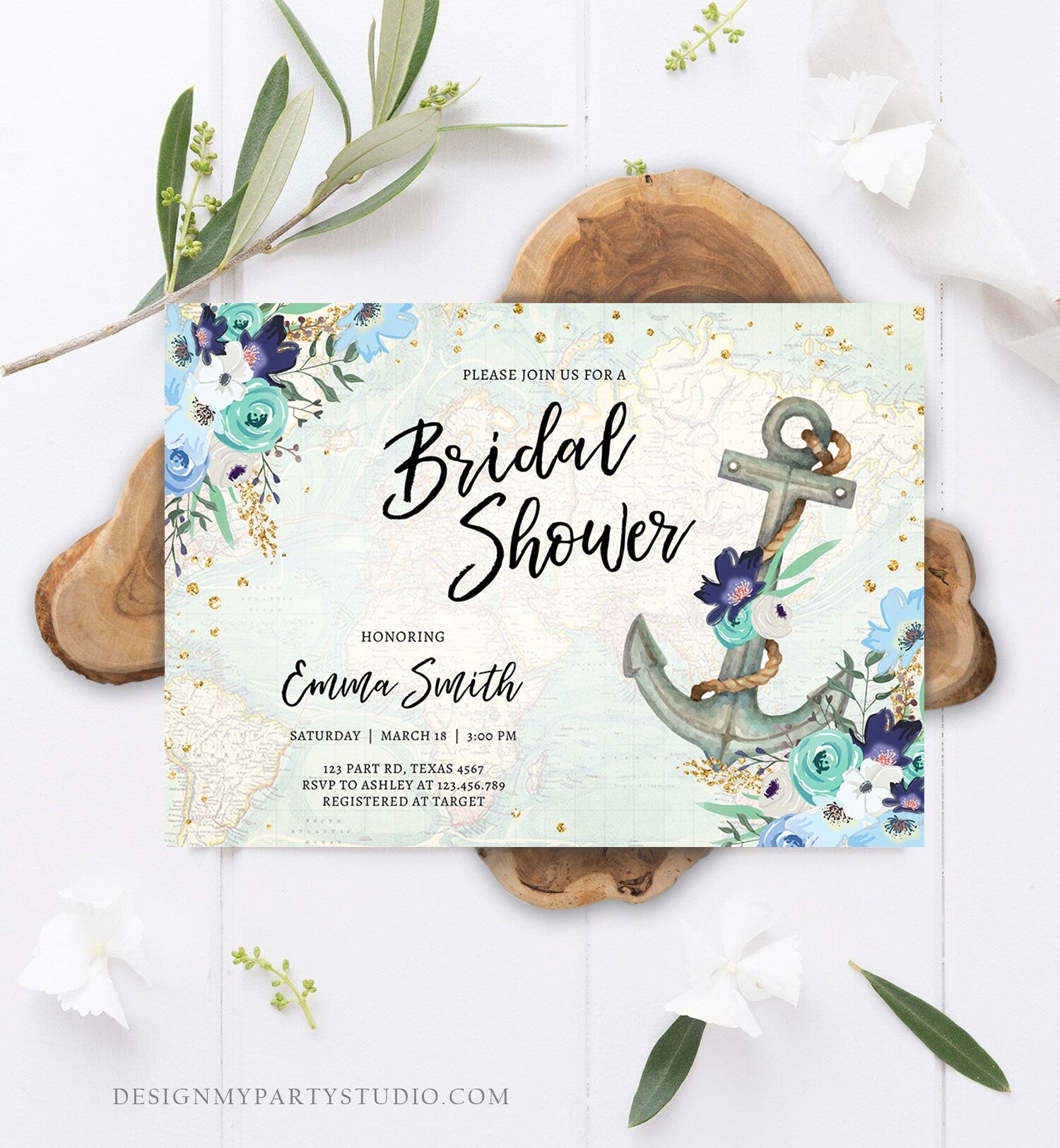 Editable Nautical Bridal Shower Invitation Flowers Floral Anchor Navy Pink Blue Gold Wedding Shower Download Printable Corjl Template 0397