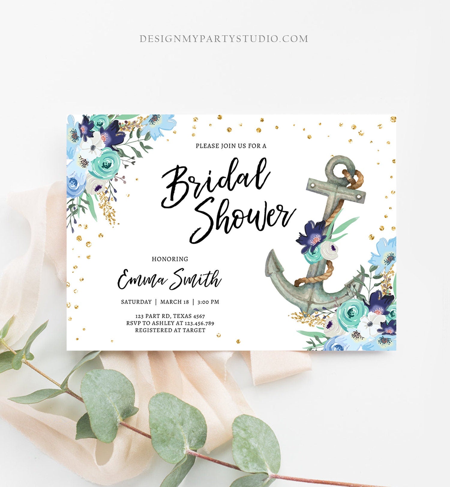 Editable Nautical Bridal Shower Invitation Flowers Floral Anchor Navy Pink Blue Gold Wedding Shower Download Printable Corjl Template 0397