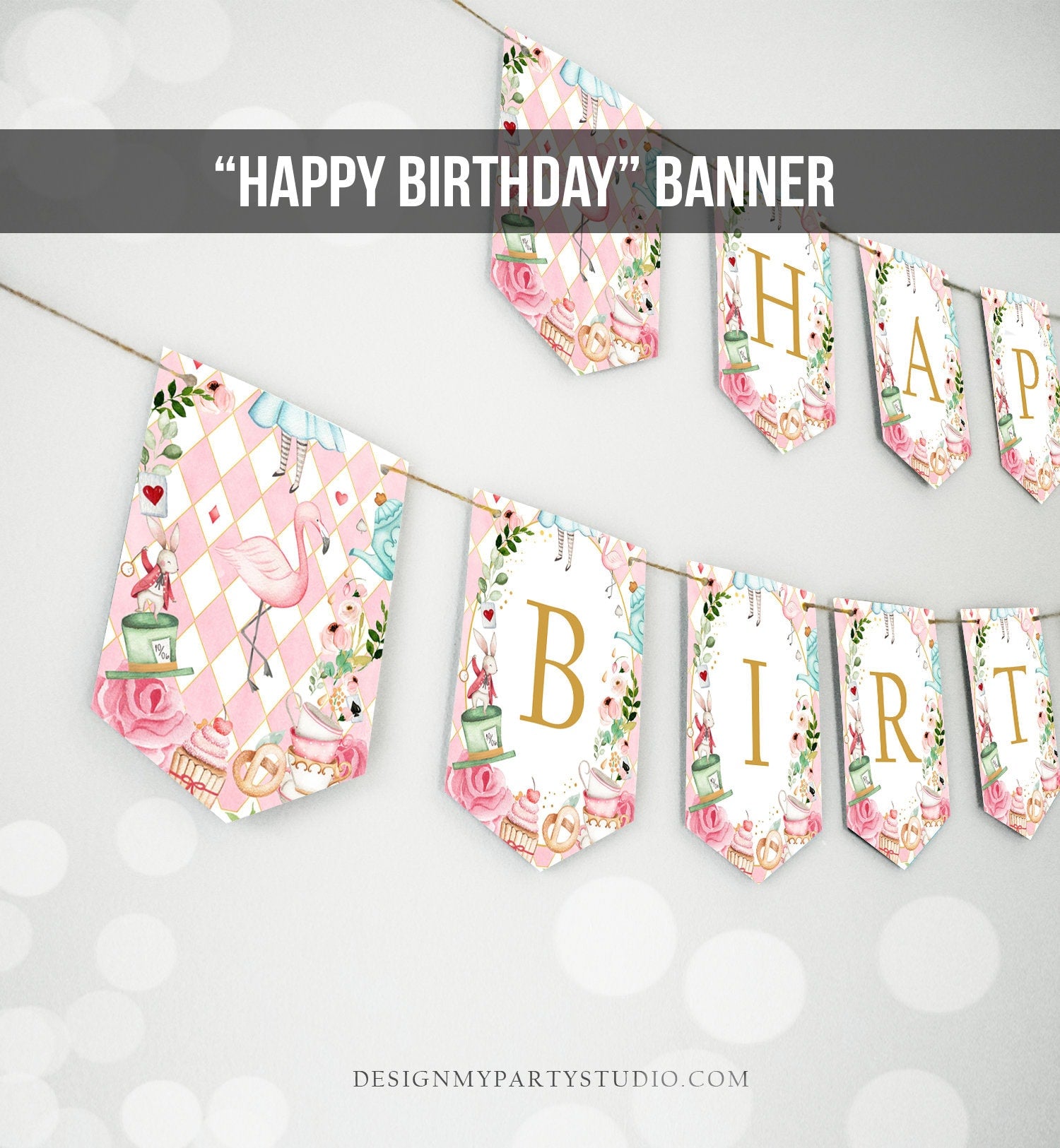 Alice in Onederland Happy Birthday Banner Alice in Wonderland Bunting Girl Pink Mad Hatter Tea Party Decor Garland PRINTABLE Digital 0350