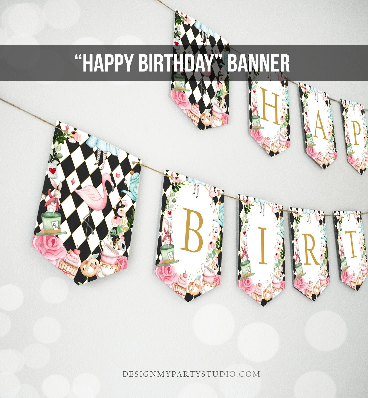 Alice in Onederland Happy Birthday Banner Alice in Wonderland Bunting Girl Pink Mad Hatter Tea Party Decor Garland PRINTABLE Digital 0350