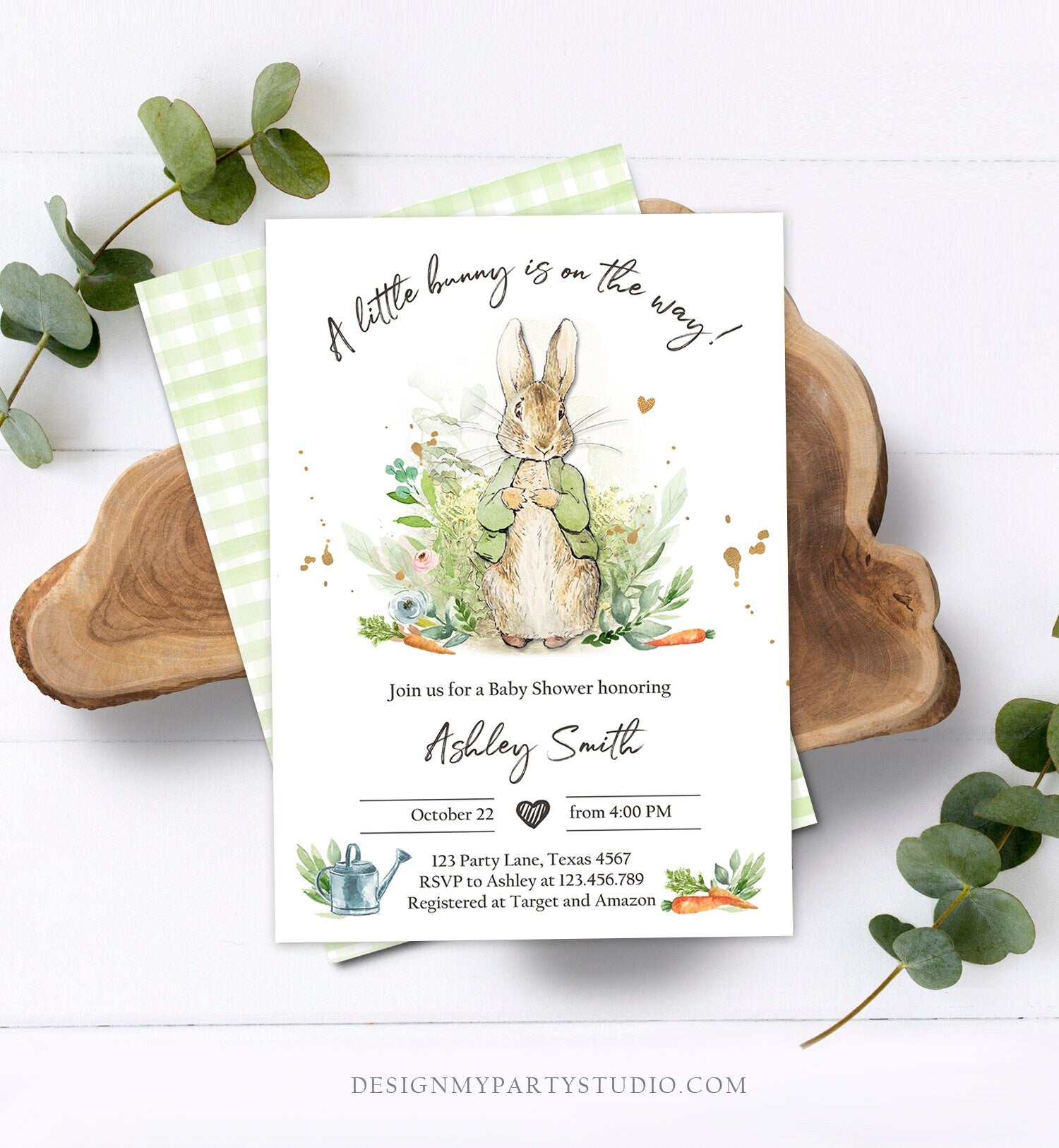 Editable Peter Rabbit Baby Shower Invitation Gender Neutral Rustic Peter Rabbit Green Spring Sprinkle Digital Corjl Template Printable 0351