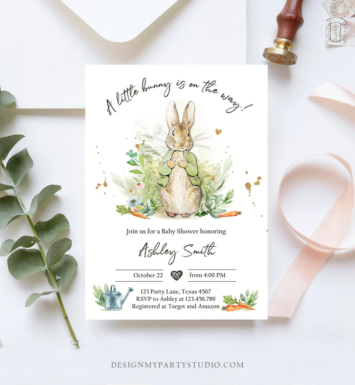 Editable Peter Rabbit Baby Shower Invitation Gender Neutral Rustic Peter Rabbit Green Spring Sprinkle Digital Corjl Template Printable 0351