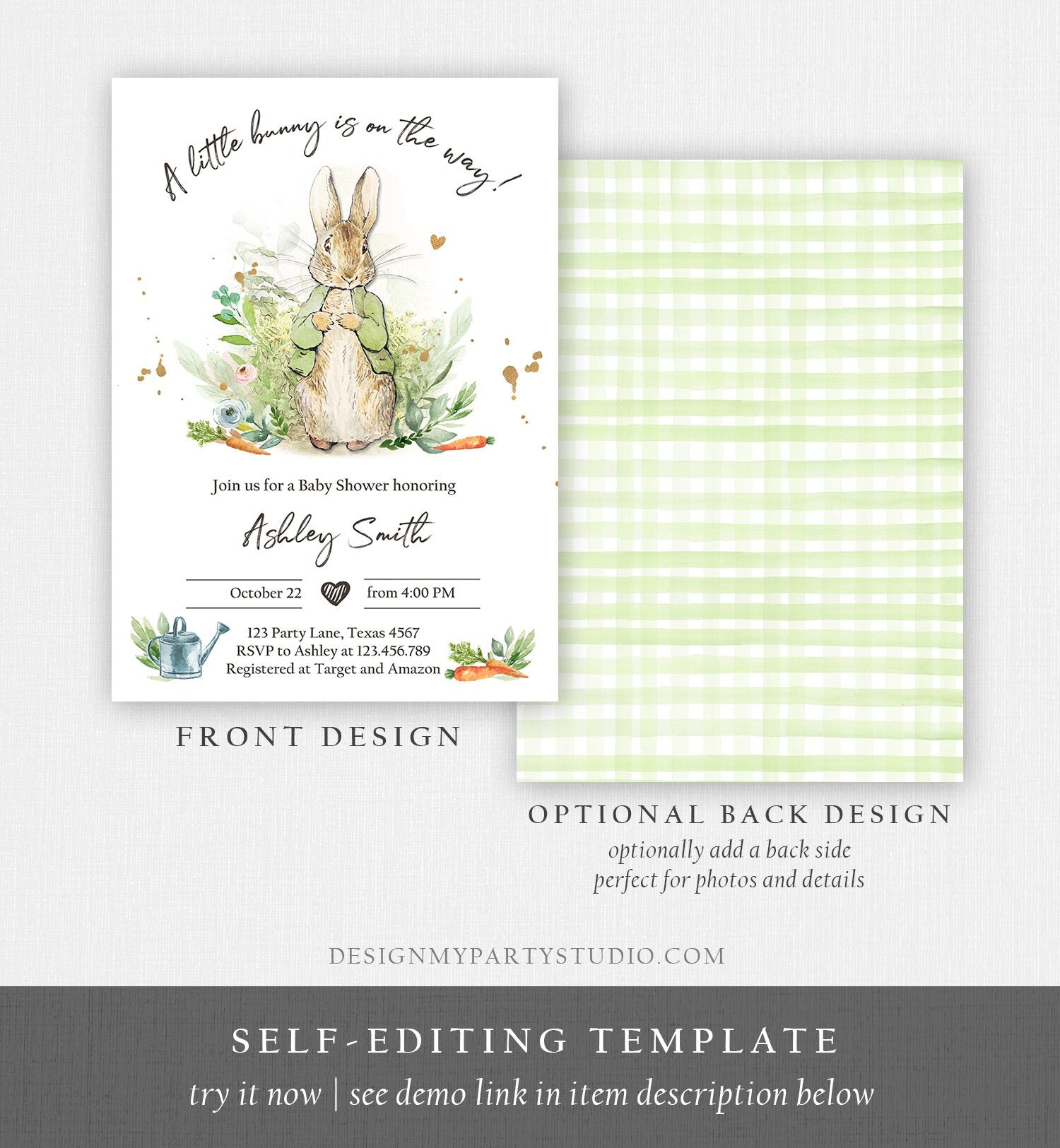 Editable Peter Rabbit Baby Shower Invitation Gender Neutral Rustic Peter Rabbit Green Spring Sprinkle Digital Corjl Template Printable 0351