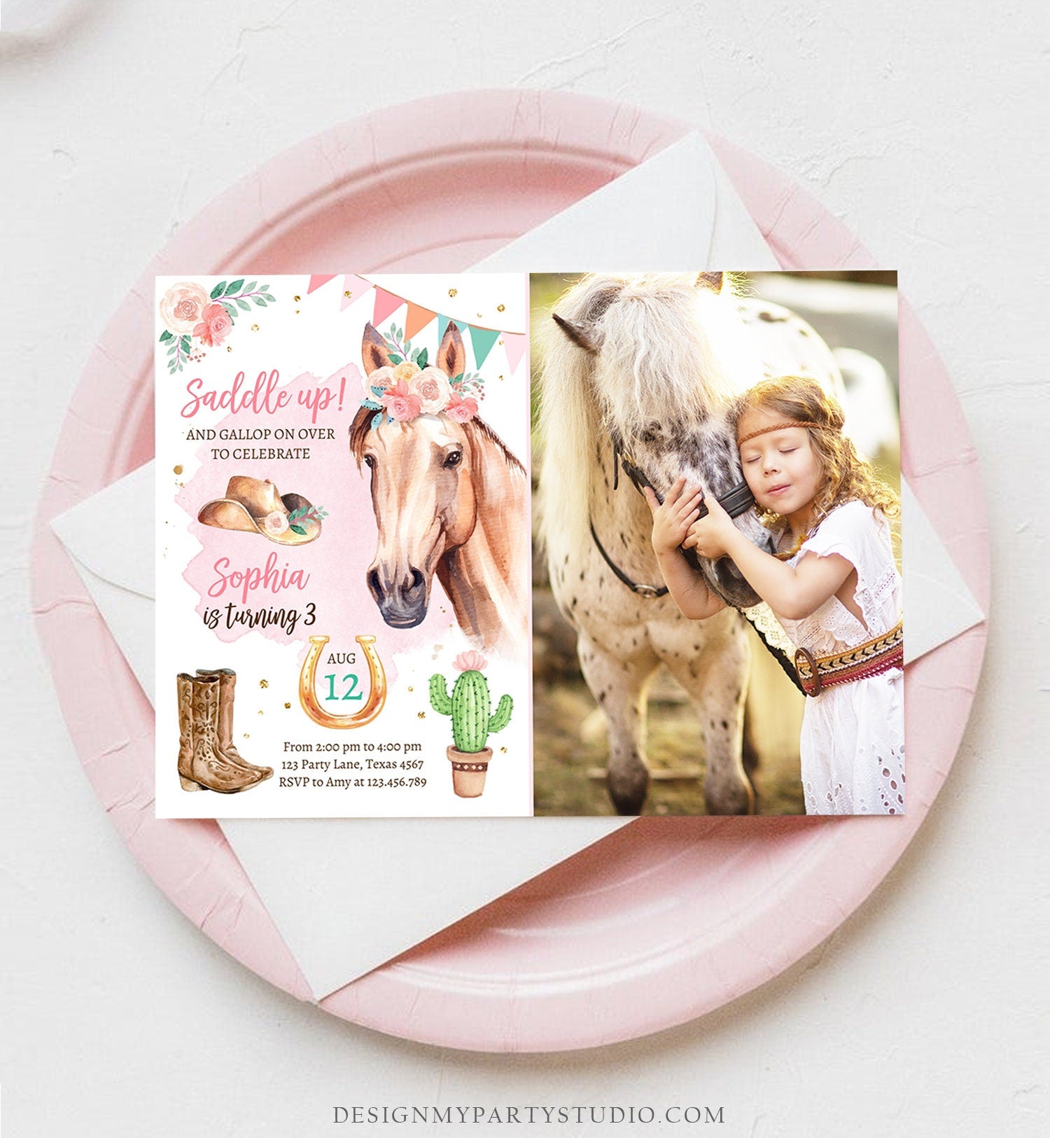 Editable Cowgirl Birthday Invitation Girl Saddle Up Watercolor Horse Party Horse Birthday Invite Pink Download Printable Template Corjl 0398