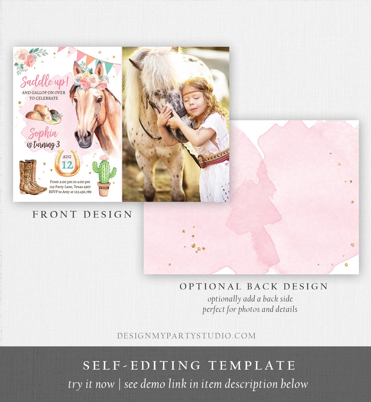 Editable Cowgirl Birthday Invitation Girl Saddle Up Watercolor Horse Party Horse Birthday Invite Pink Download Printable Template Corjl 0398