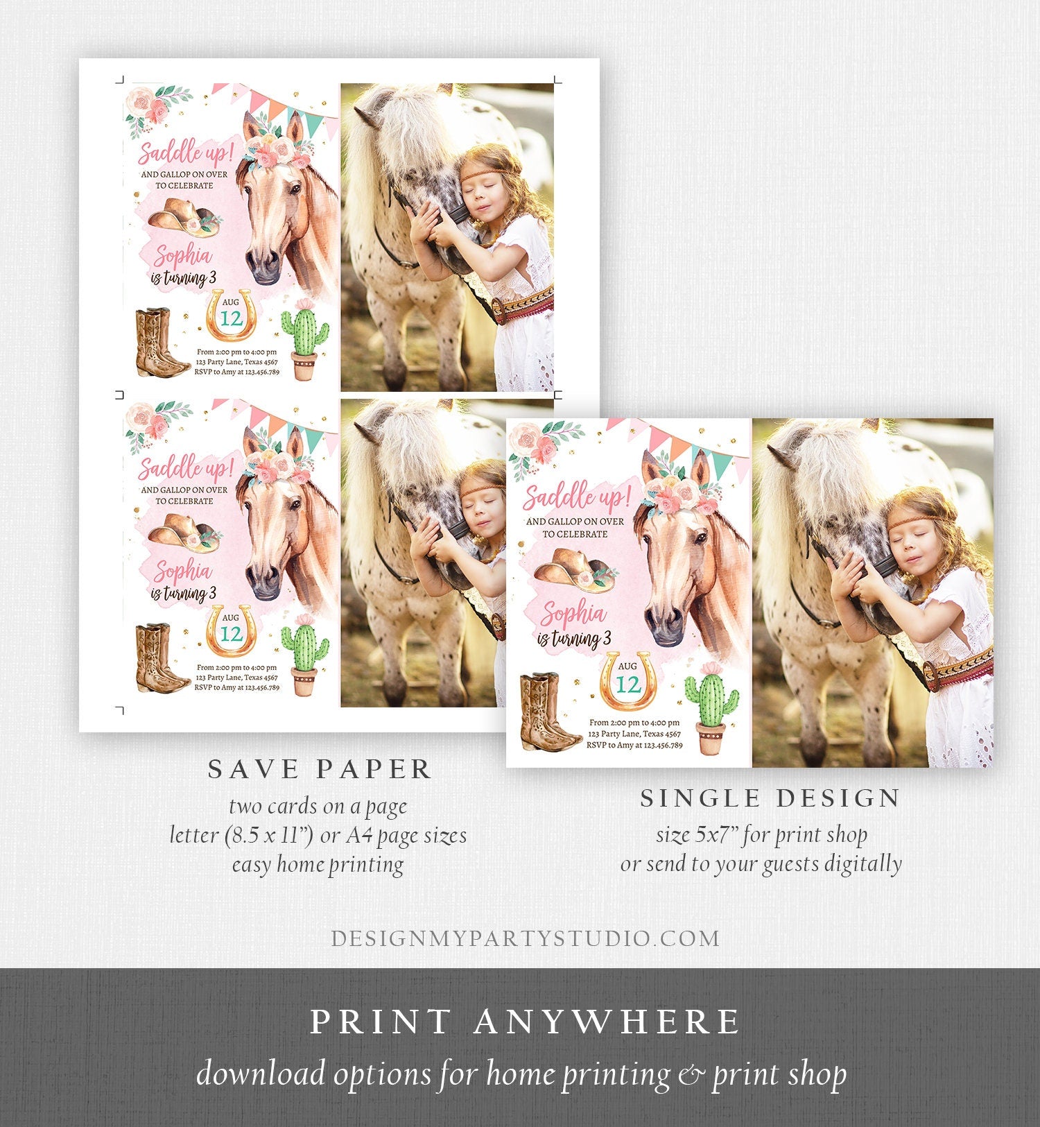 Editable Cowgirl Birthday Invitation Girl Saddle Up Watercolor Horse Party Horse Birthday Invite Pink Download Printable Template Corjl 0398