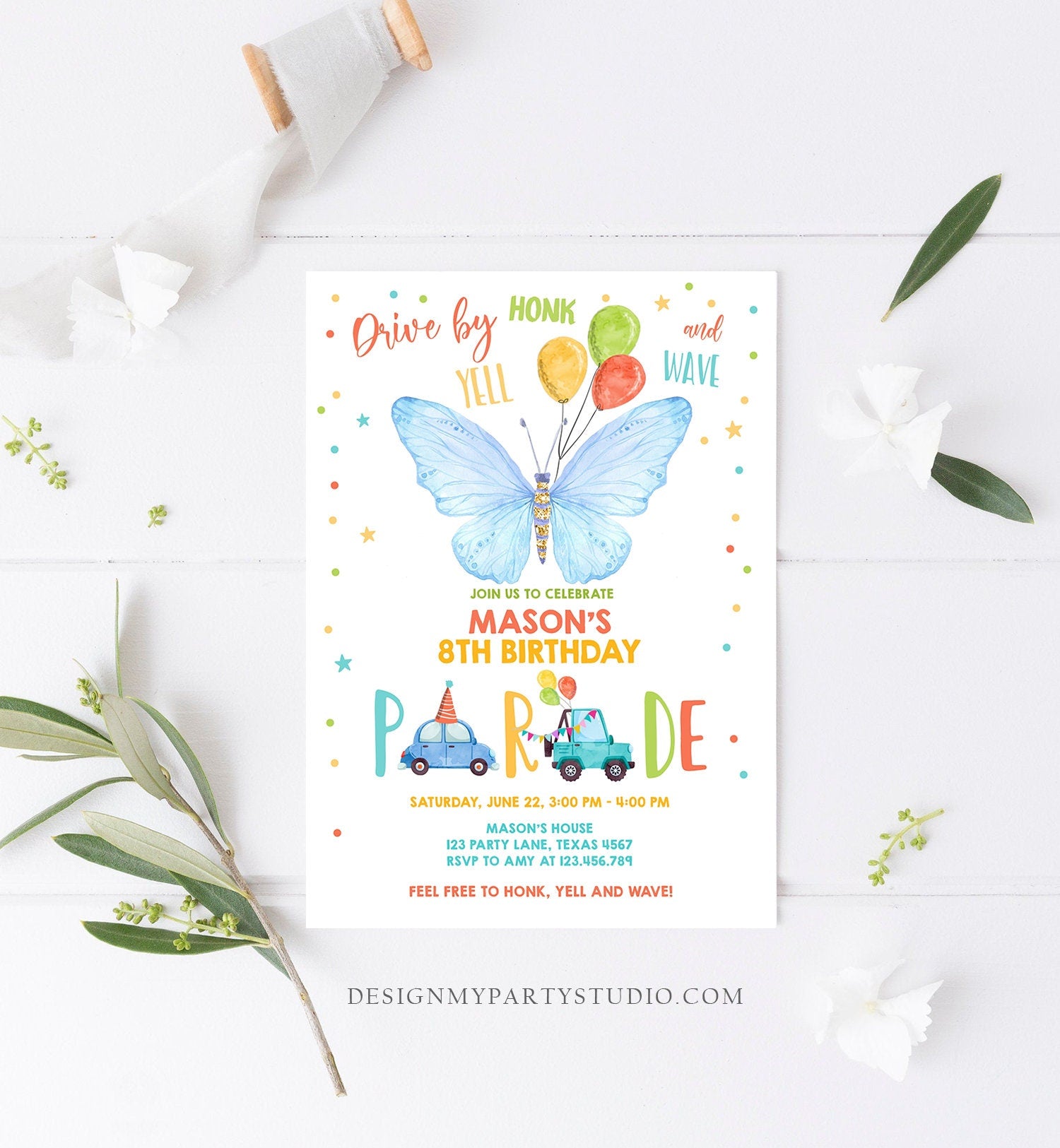 Editable Butterfly Drive By Birthday Parade Invitation Virtual Party Invite Honk Wave Car Boy Blue Quarantine Download Digital Corjl 0162