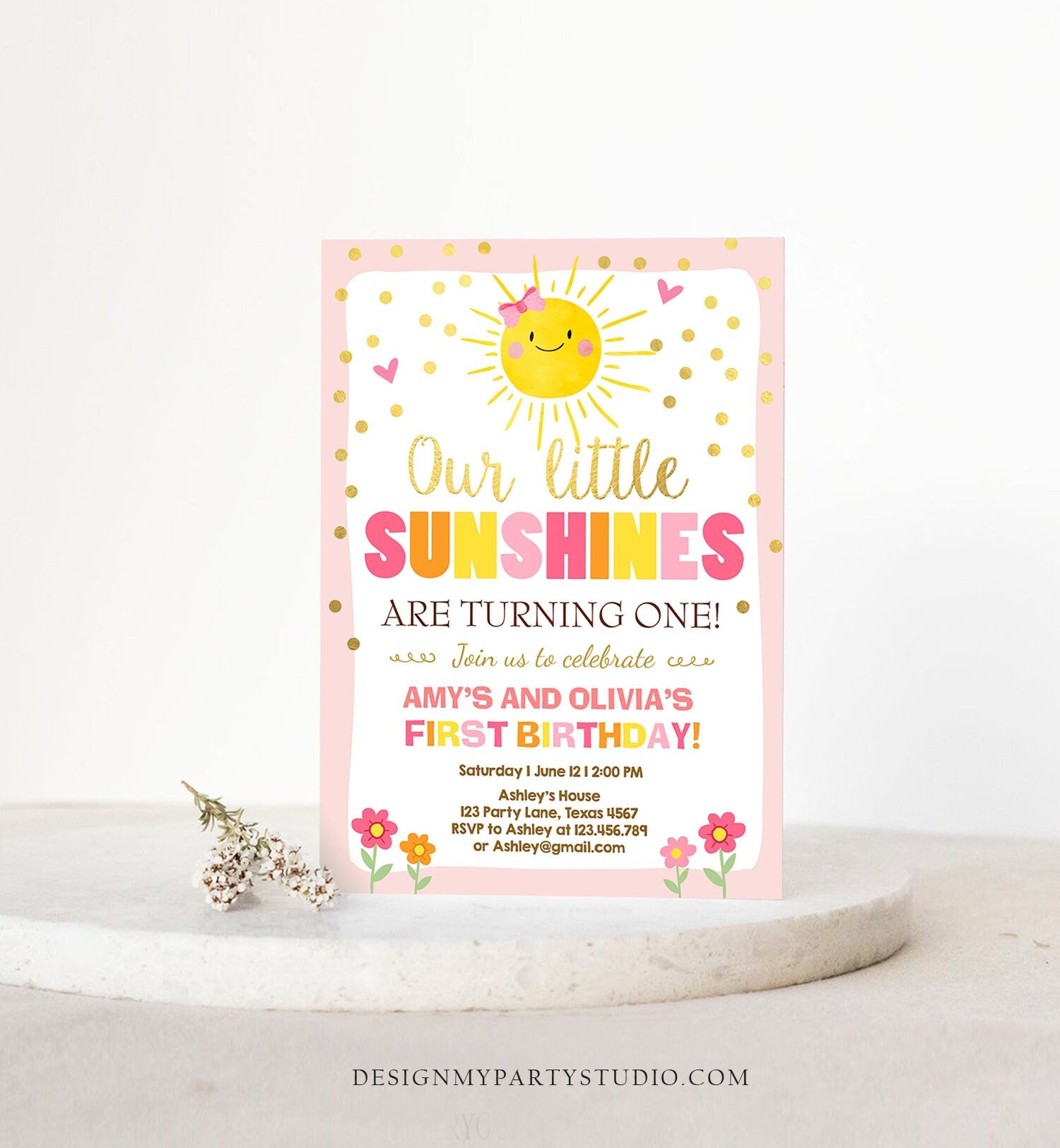 Editable Birthday Invitation Twins Little Sunshines Girls Siblings Pink Gold Girl Summer Download Printable Invitation Template Corjl 0070