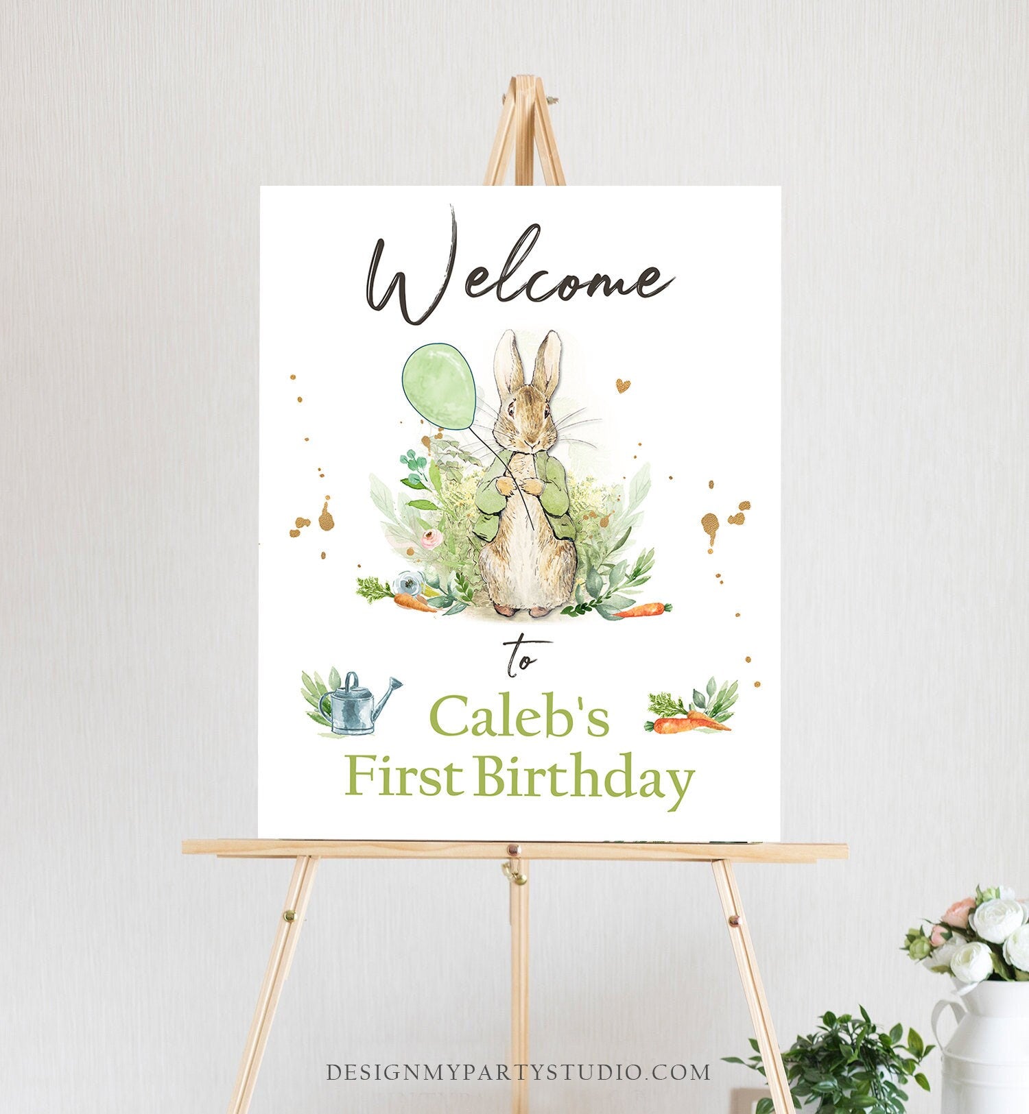 Editable Peter Rabbit Welcome Sign Birthday Baby Shower Welcome 1st Birthday Rabbit Bunny Gender Neutral Template Corjl PRINTABLE 0351