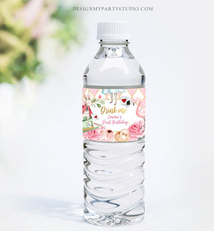 Editable Alice in Onederland Water Bottle Labels Alice Birthday Party Girl Pink Alice in Wonderland Download Printable Template Corjl 0350