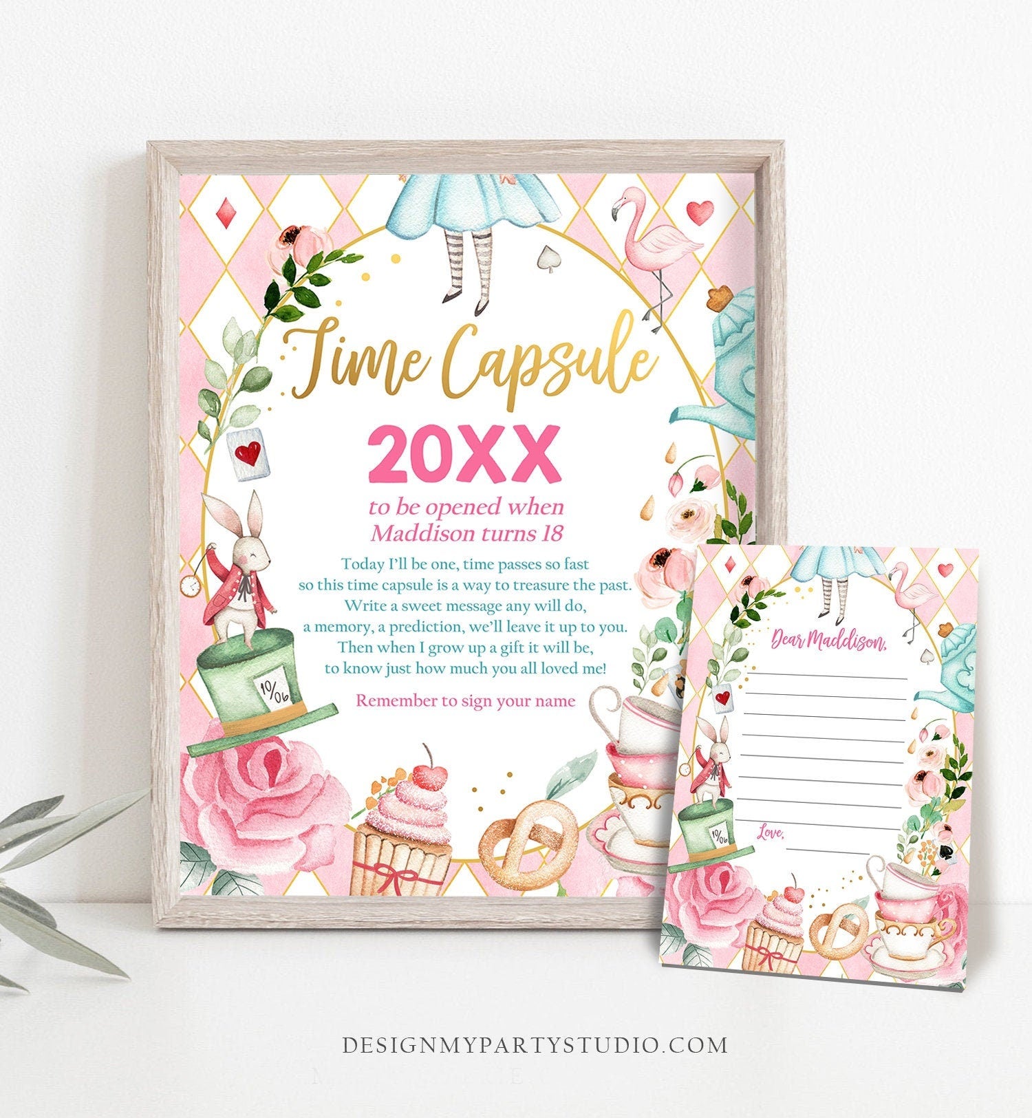 Editable Alice in Onederland Time Capsule First Birthday Party Game Wonderland Tea Party Guestbook Download Corjl Template Printable 0350