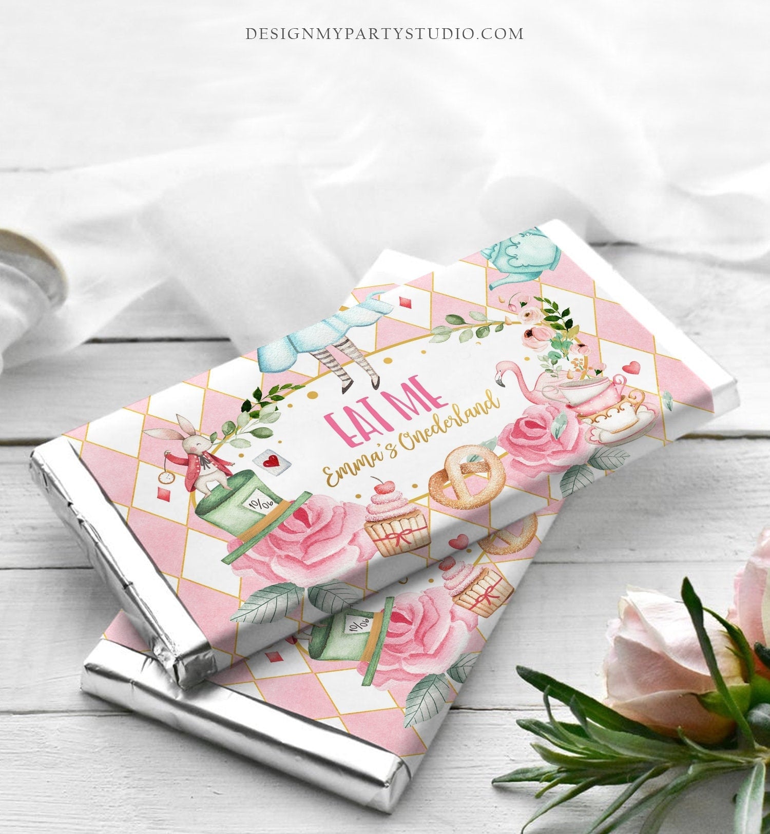 Editable Alice in Onederland Chocolate Bar Labels Candy Bar Wrapper Alice Wonderland Tea Party Floral Download Corjl Template Printable 0350